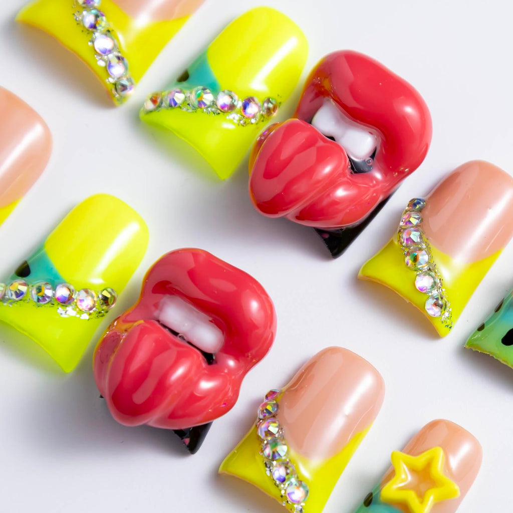 IntoVibes 10-Piece Luxury Acrylic Press-On Nails — Short Duck Shape, Rhinestones, 3D Red Lips, Reusable