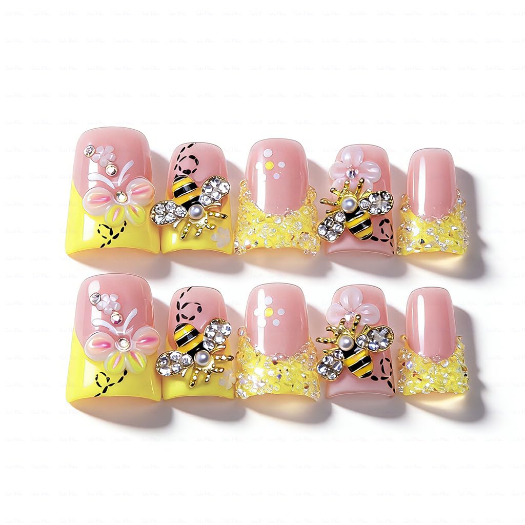 IntoVibes 10-Piece Luxury Acrylic Press On Nails - Short Duck Shape, Butter Yellow, Rhinestones & Floral Bee Charms (L)