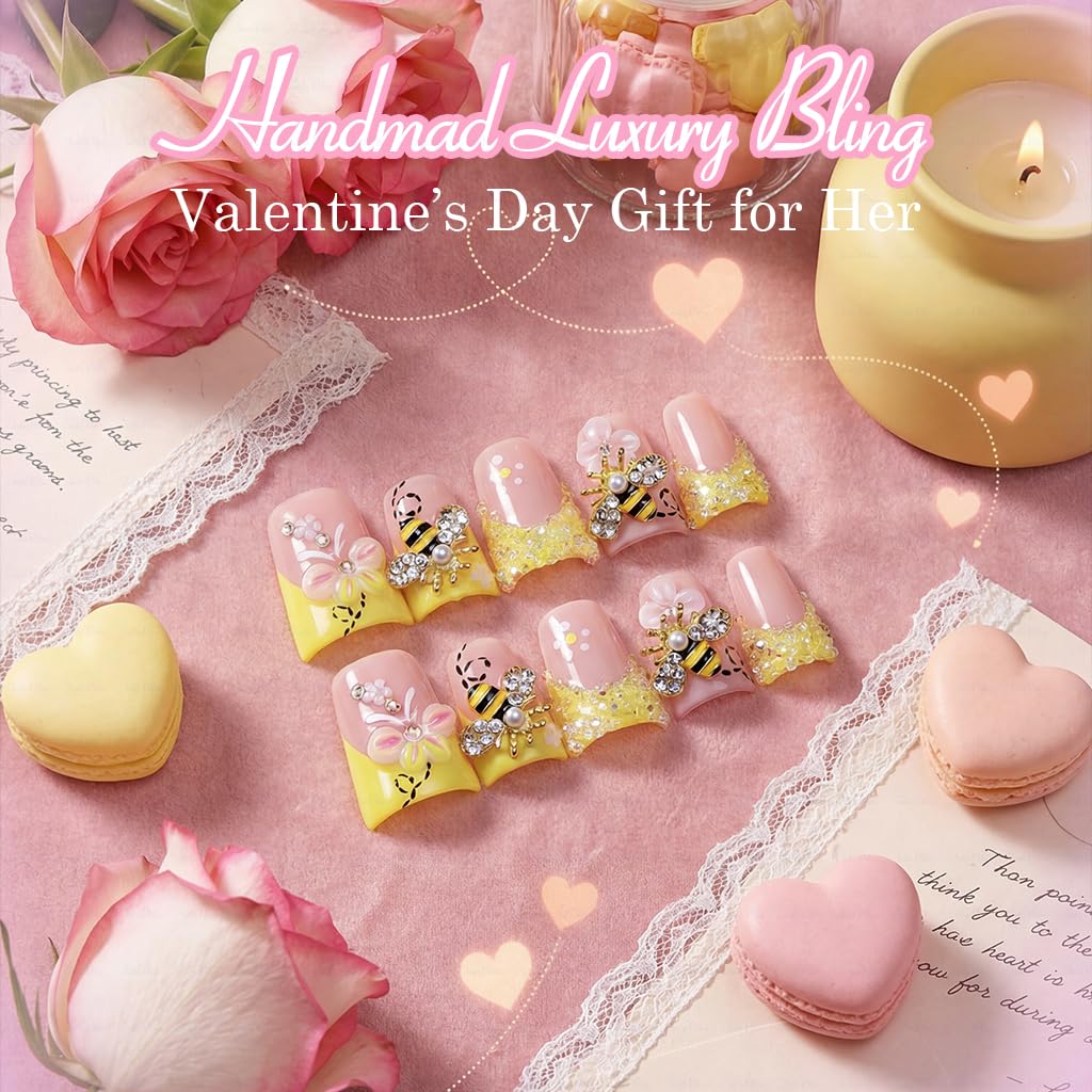 IntoVibes 10-Piece Luxury Acrylic Press On Nails - Short Duck Shape, Butter Yellow, Rhinestones & Floral Bee Charms (L)