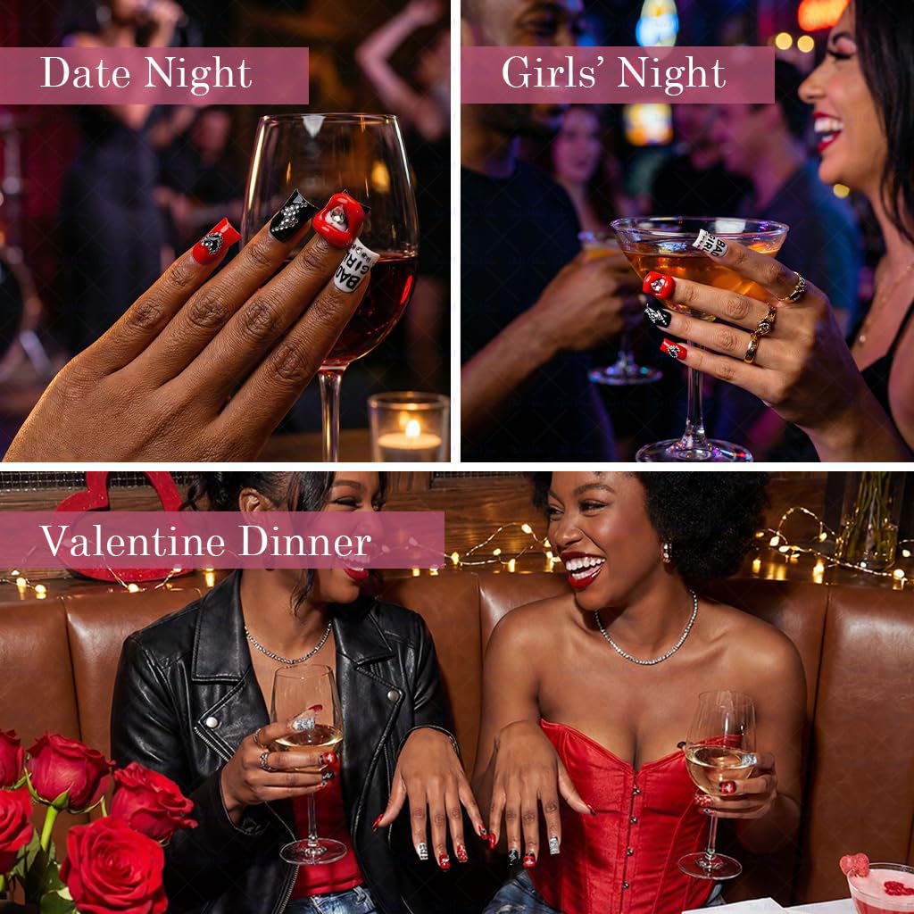 IntoVibes 10-Piece Luxury Acrylic Press On Nails – Short Duck Shape, Red Flames & Glitter Lips, Reusable Valentines Nails (L)