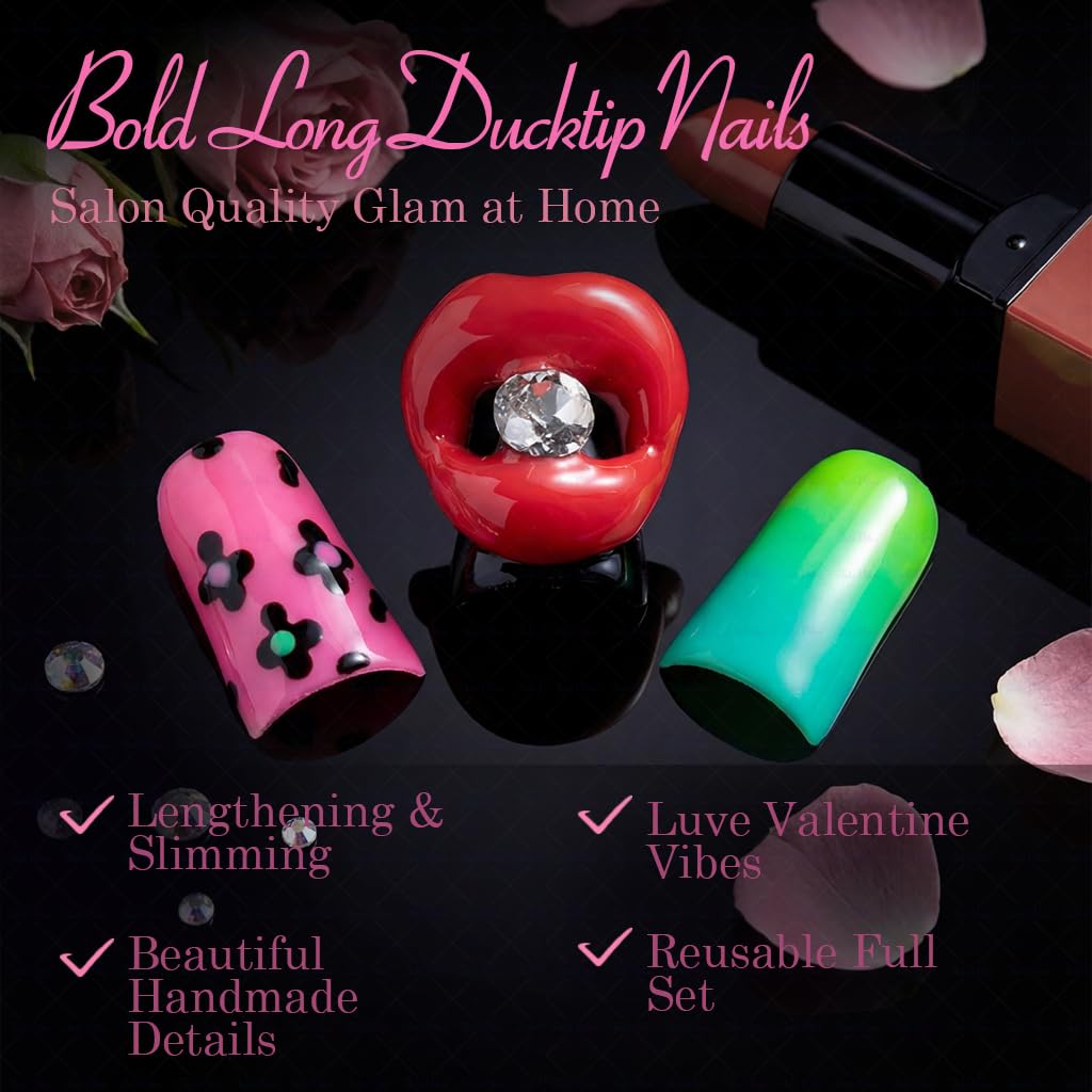 IntoVibes 10 Pcs Luxury Acrylic Press On Nails – Short Duck Shape, Leopard Print & 3D Red Lip Design (L)