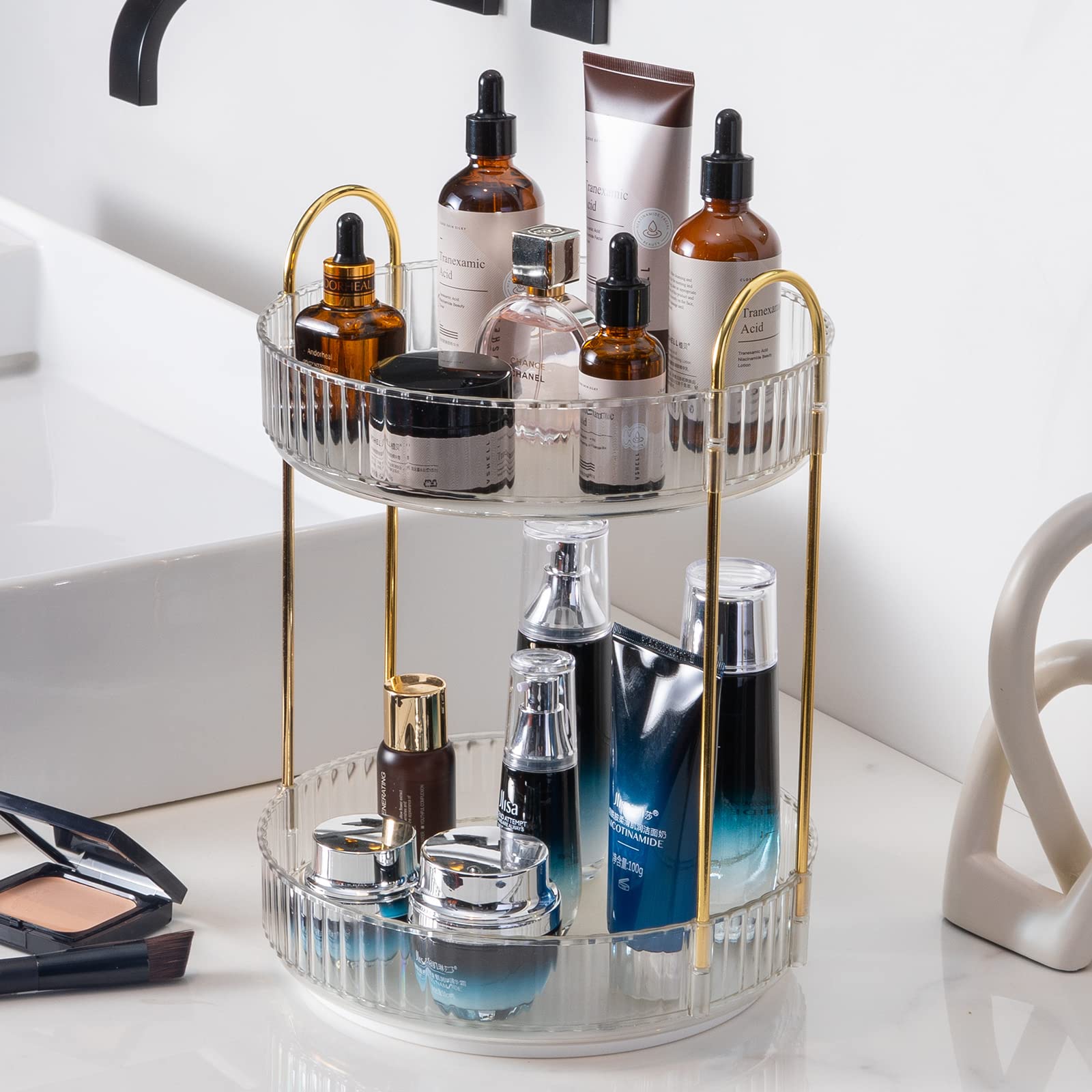 INVSSENE 360° Rotating Makeup Organizer — Large Capacity Two-Tier Vanity Storage, Clear