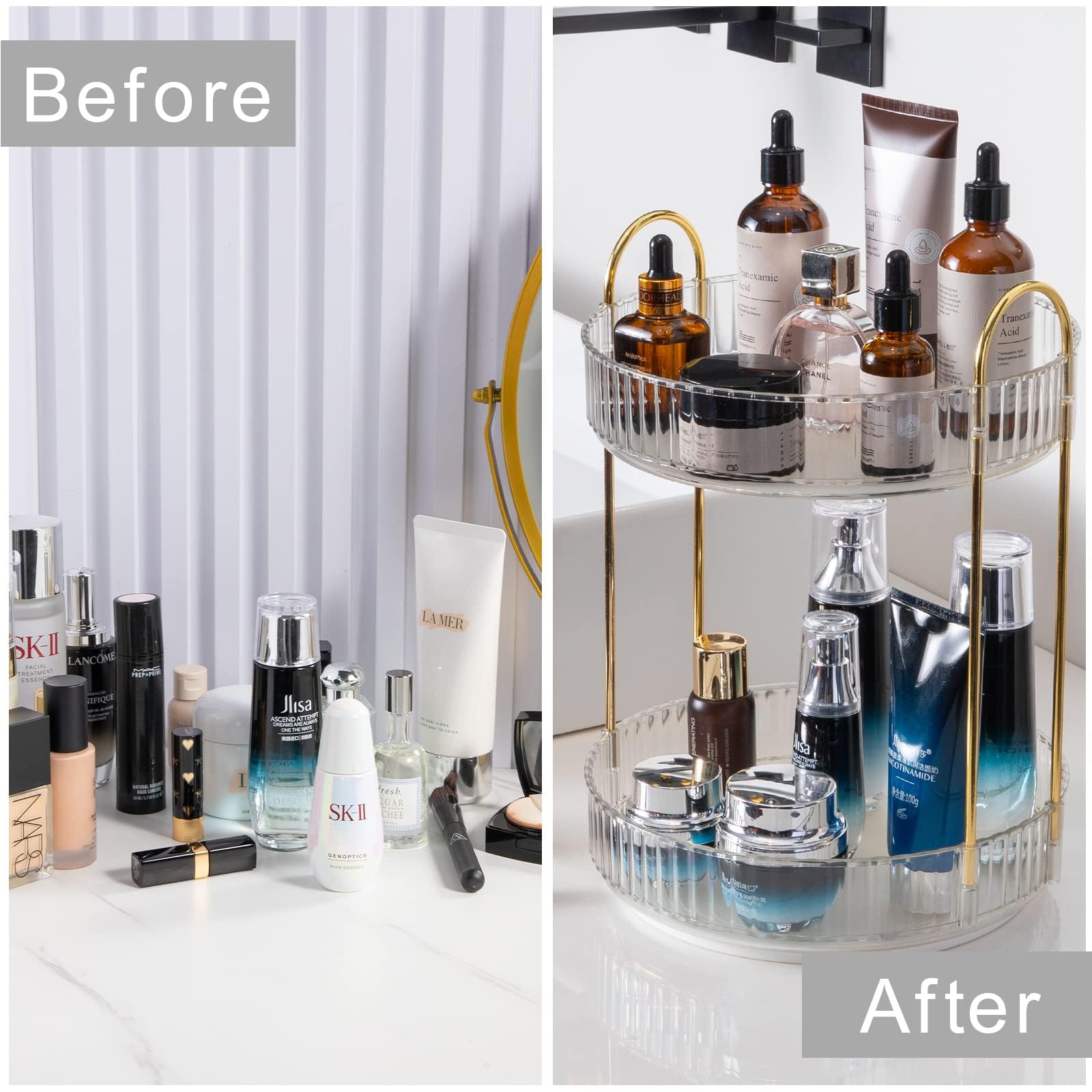 INVSSENE 360° Rotating Makeup Organizer — Large Capacity Two-Tier Vanity Storage, Clear