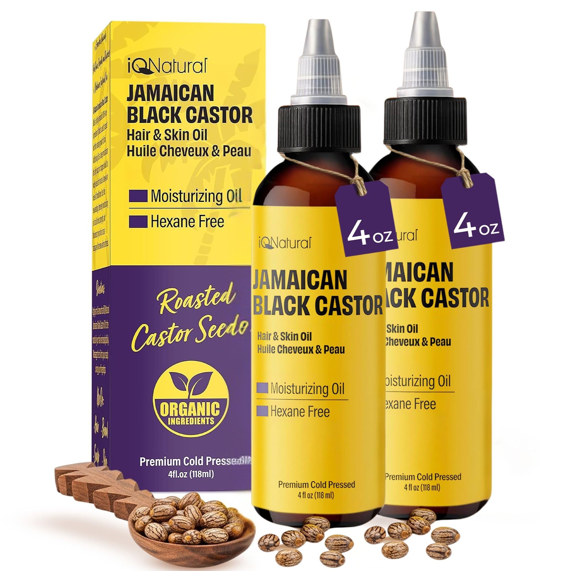 IQ Natural Jamaican Black Castor Oil - 2 Pack Unscented 4oz | Hair Conditioning & Skin Care