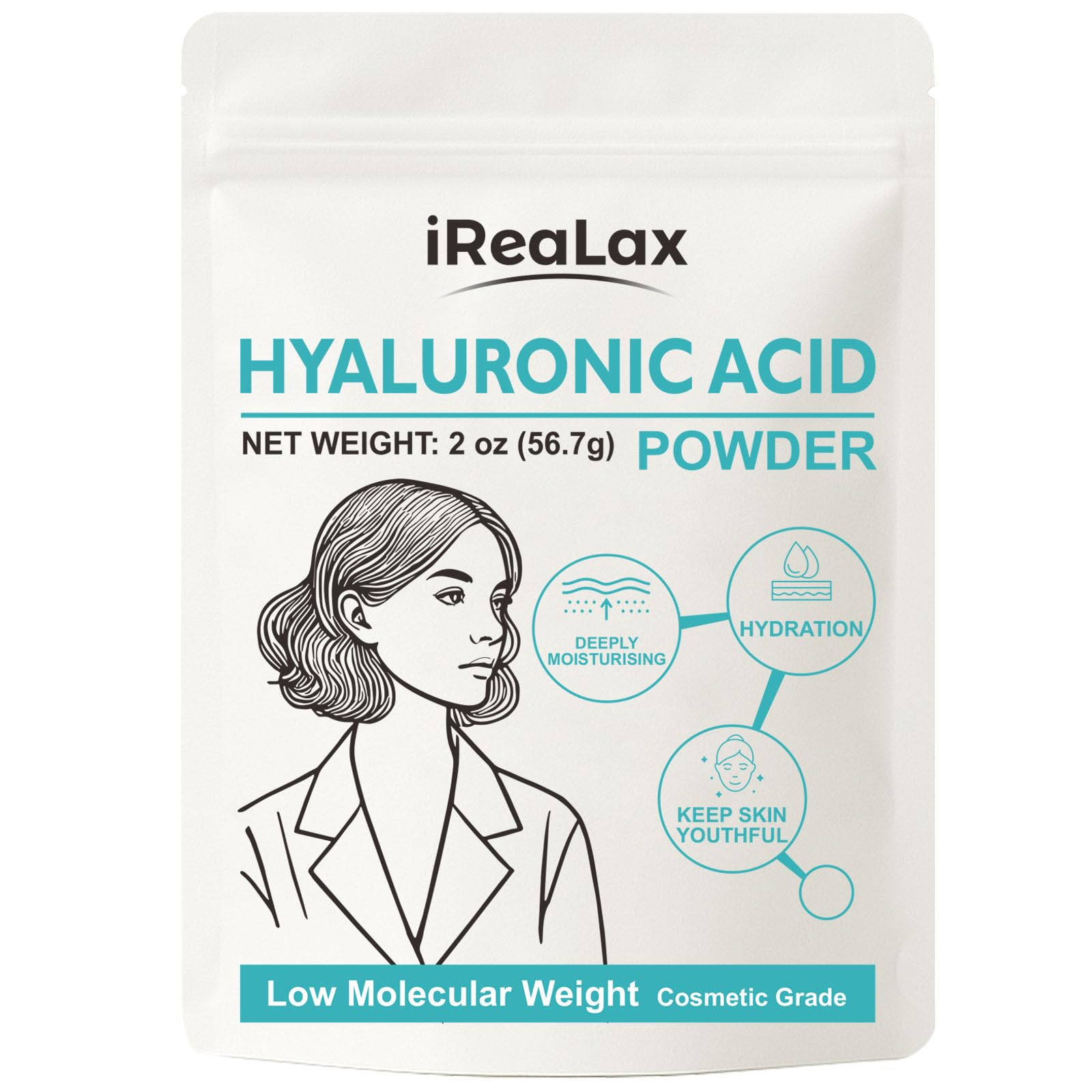 iReaLax Hyaluronic Acid Powder – Low Molecular Weight HA for DIY Serums | 2oz Cosmetic Grade | Sodium Hyaluronate