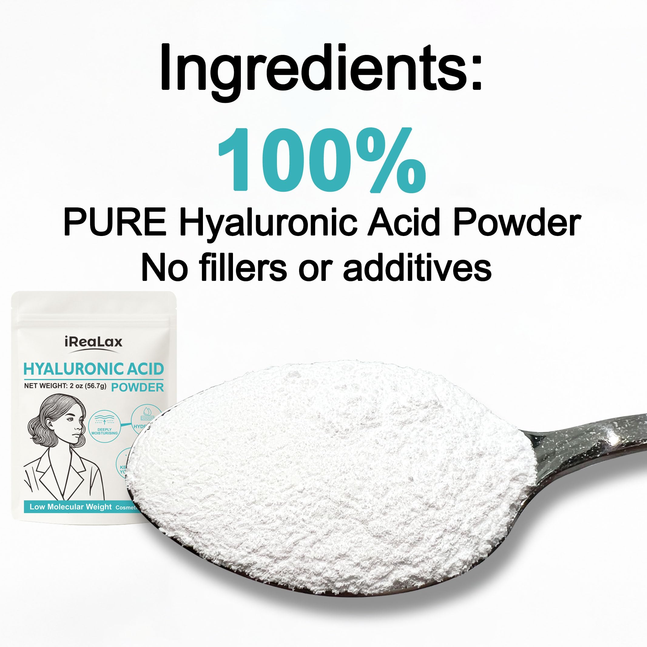 iReaLax Hyaluronic Acid Powder – Low Molecular Weight HA for DIY Serums | 2oz Cosmetic Grade | Sodium Hyaluronate