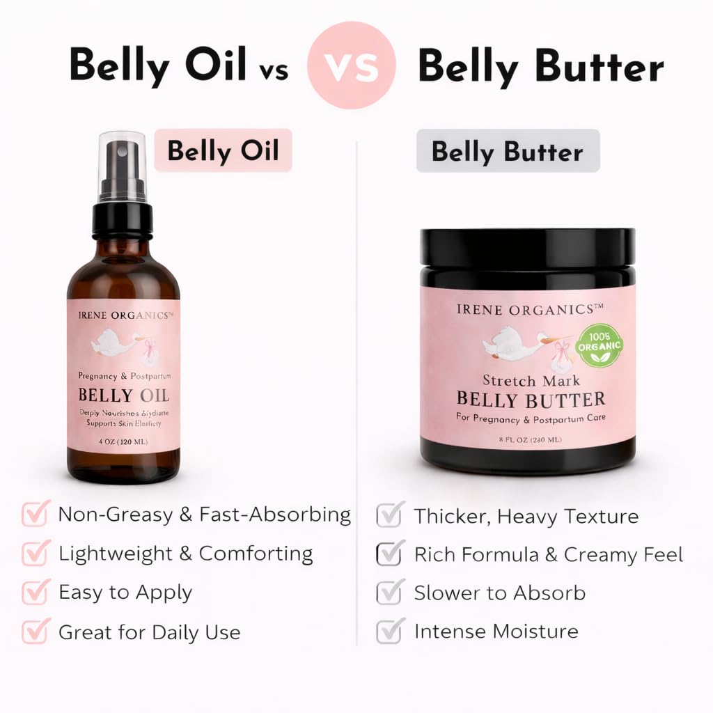 Irene Organics Organic Belly Oil for Pregnancy & Postpartum — Lightweight, Non-Greasy & Unscented