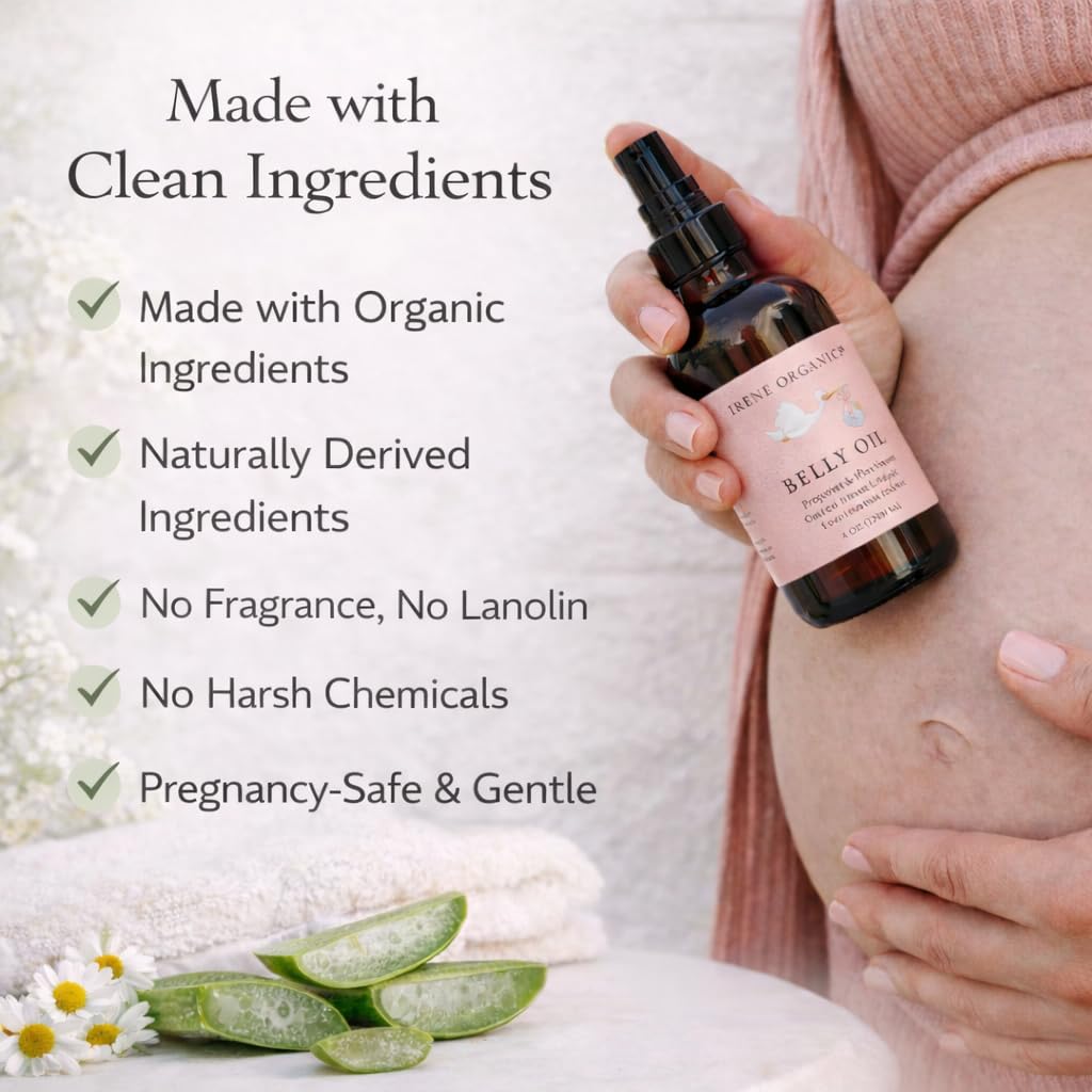 Irene Organics Organic Belly Oil for Pregnancy & Postpartum — Lightweight, Non-Greasy & Unscented