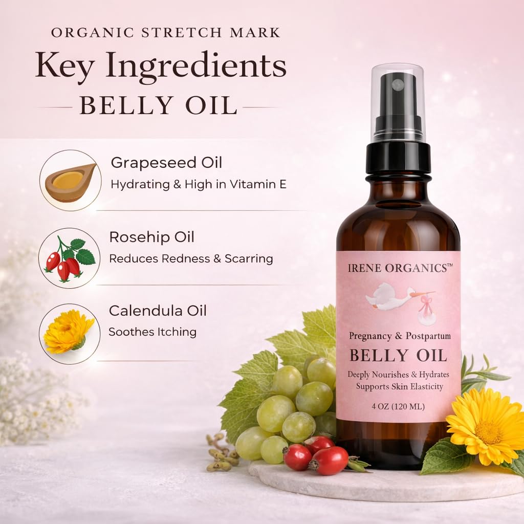 Irene Organics Organic Belly Oil for Pregnancy & Postpartum — Lightweight, Non-Greasy & Unscented