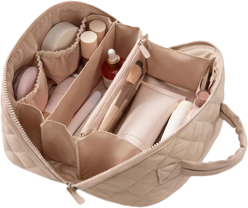 IrisCargo Travel Makeup Bag – Wide-Open Lay-Flat, Water-Resistant Cosmetic Case (Khaki)