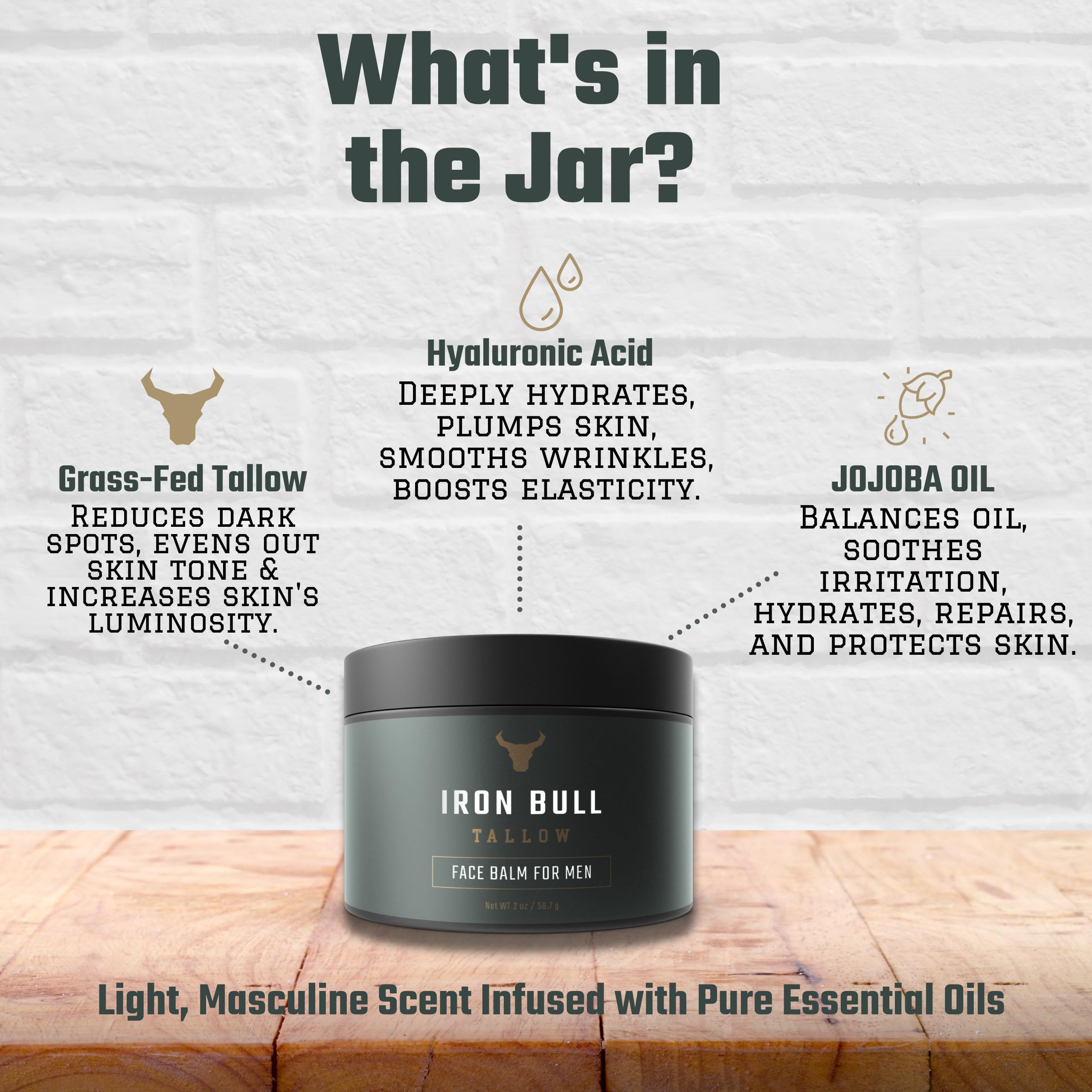Iron Bull Beef Tallow Face Moisturizer for Men — Anti-Aging with Hyaluronic Acid, Grass-Fed Tallow & Jojoba Oil (2 oz)