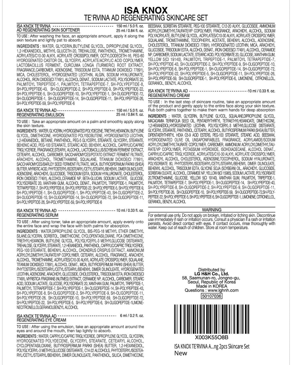 ISA KNOX TE'RVINA AD Regenerating Skincare Set (12.7 fl oz) — Hydrating Toner & Emulsion + Serum, Eye Cream, Cream | Placenta Powerhouse