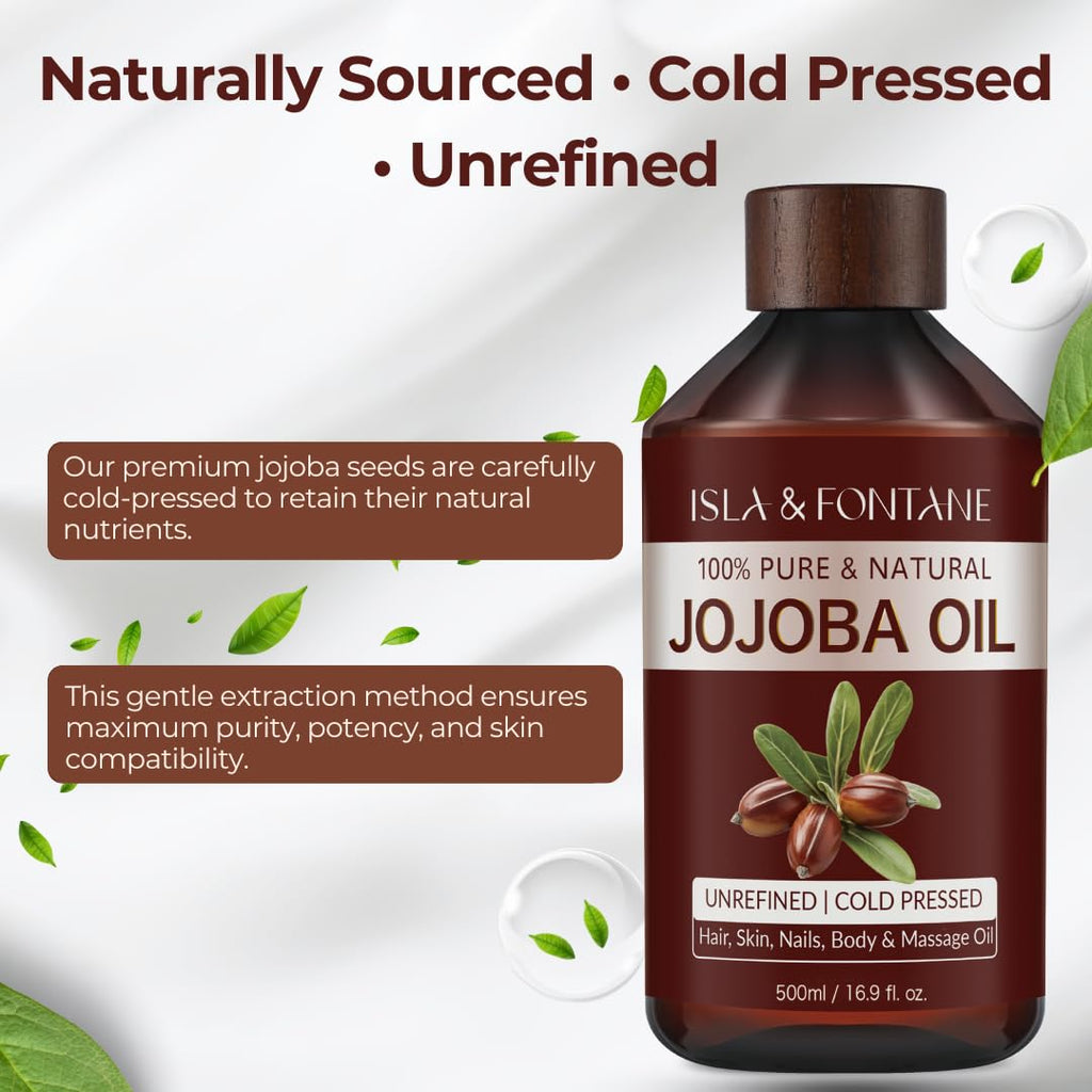 ISLA & FONTANE Jojoba Oil Set – 500ml, Pure Cold-Pressed, Hexane-Free, 2 Droppers + Massager
