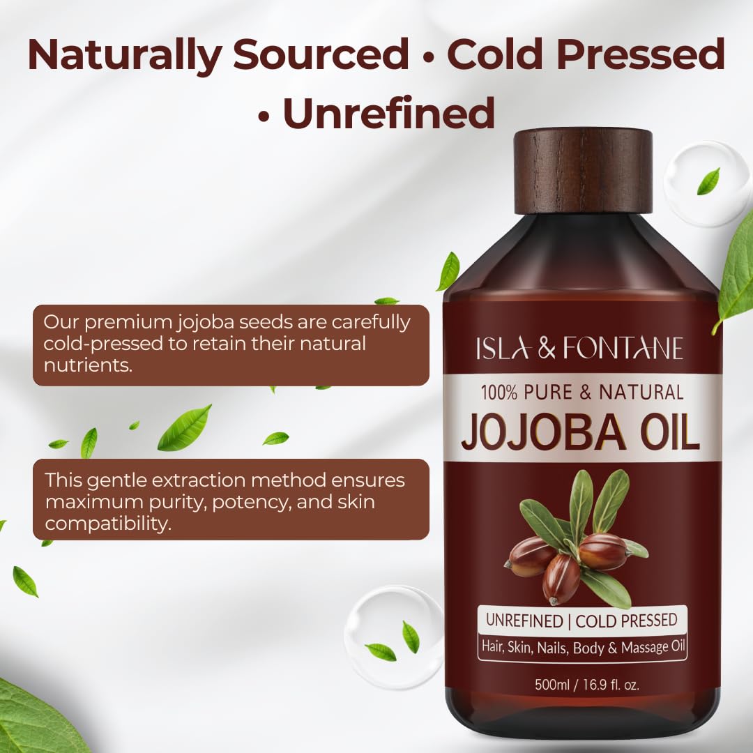 ISLA & FONTANE Jojoba Oil Set – 500ml, Pure Cold-Pressed, Hexane-Free, 2 Droppers + Massager