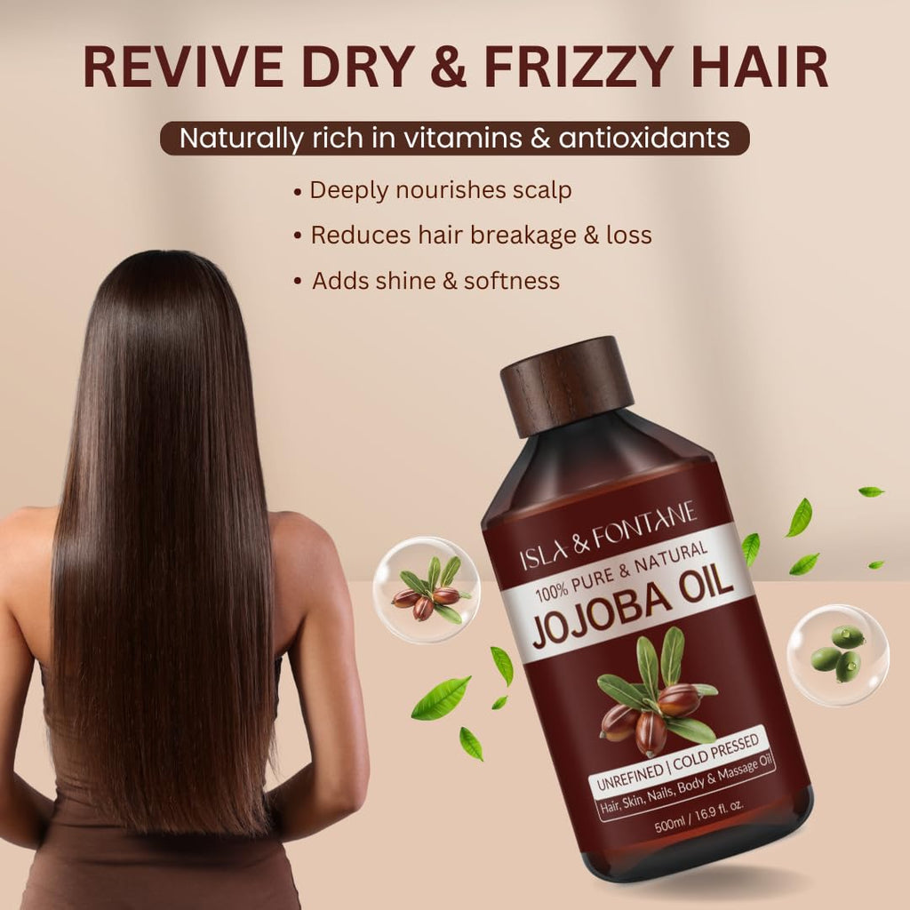 ISLA & FONTANE Jojoba Oil Set – 500ml, Pure Cold-Pressed, Hexane-Free, 2 Droppers + Massager
