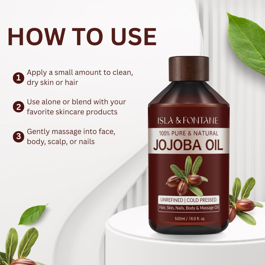 ISLA & FONTANE Jojoba Oil Set – 500ml, Pure Cold-Pressed, Hexane-Free, 2 Droppers + Massager