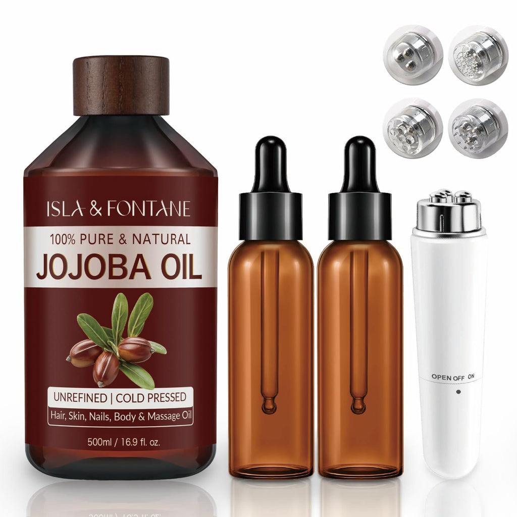 ISLA & FONTANE Jojoba Oil Set – 500ml, Pure Cold-Pressed, Hexane-Free, 2 Droppers + Massager
