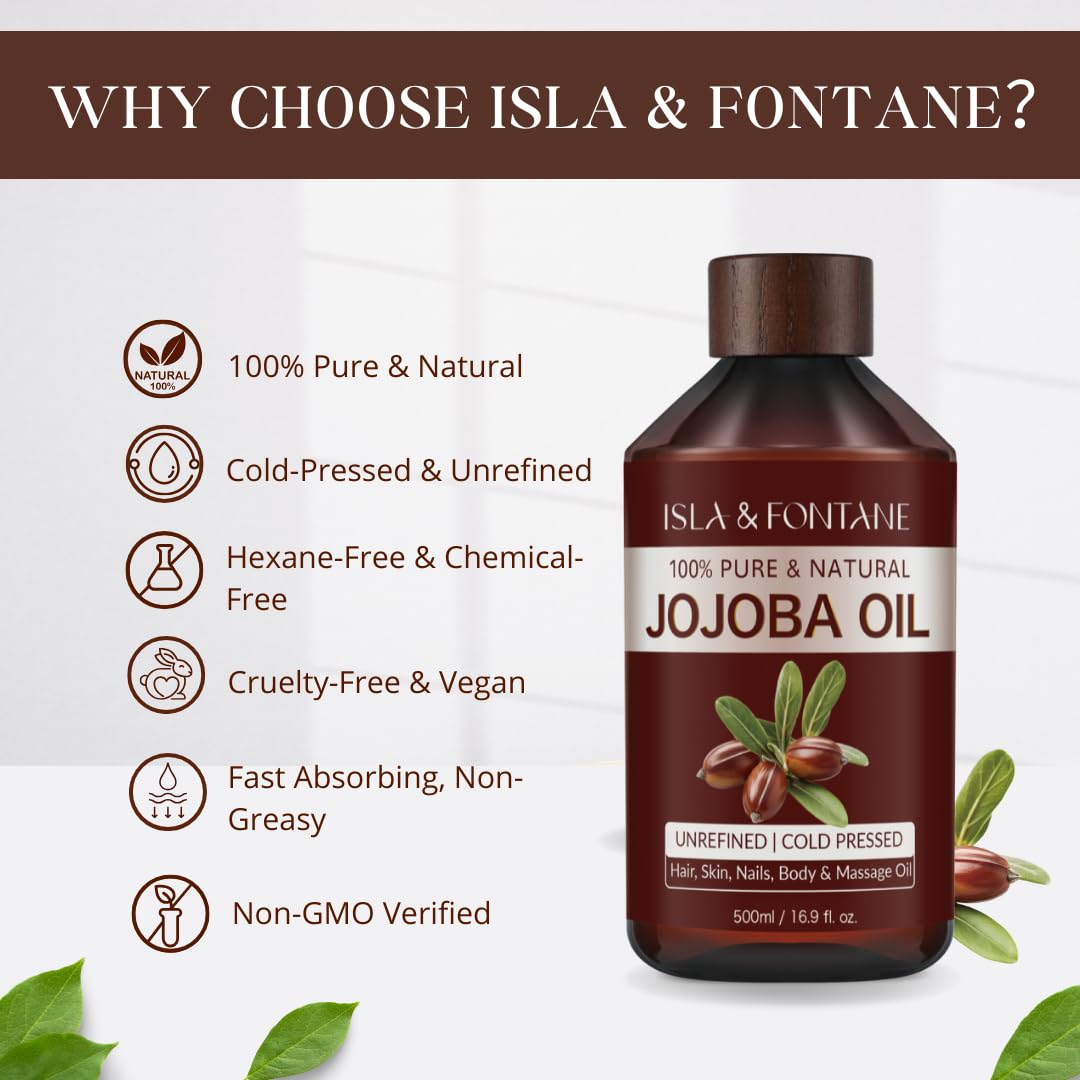 ISLA & FONTANE Jojoba Oil Set – 500ml, Pure Cold-Pressed, Hexane-Free, 2 Droppers + Massager