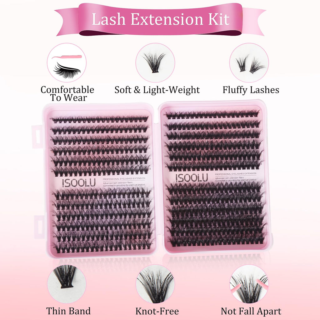 ISOOLU Fairy Lash Clusters Kit – DIY Lashes, 40D+50D C Curl Wispy (9–16mm) with Bond & Seal