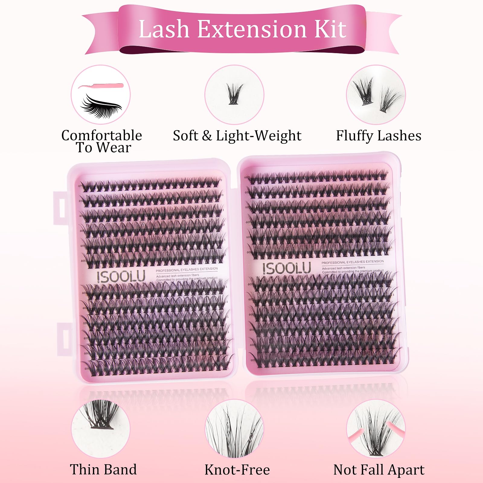 ISOOLU Fairy Lash Clusters Kit – 40D C Curl Wispy Lashes (9–16mm)