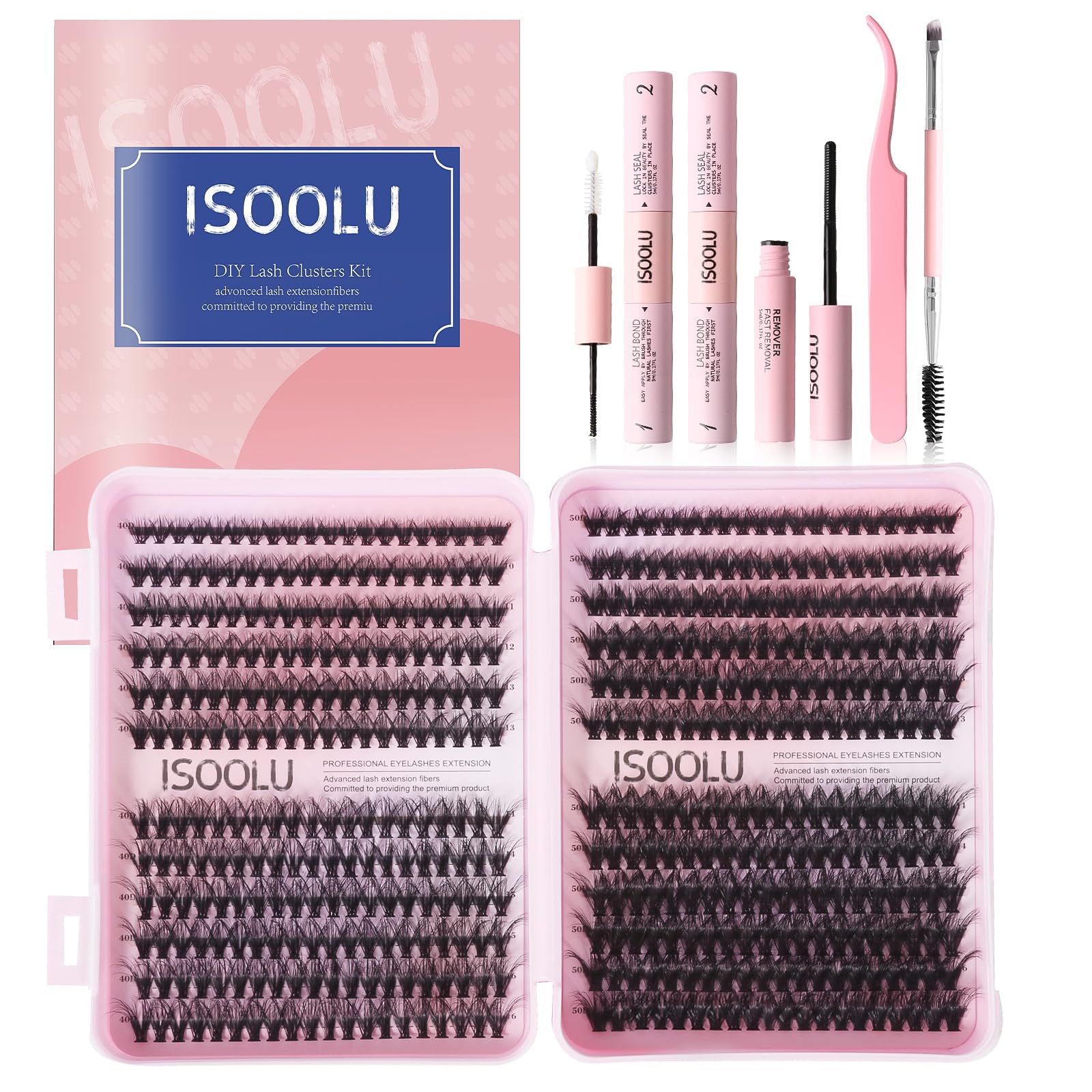 ISOOLU Fairy Lash Clusters Kit – DIY Lashes, 40D+50D C Curl Wispy (9–16mm) with Bond & Seal