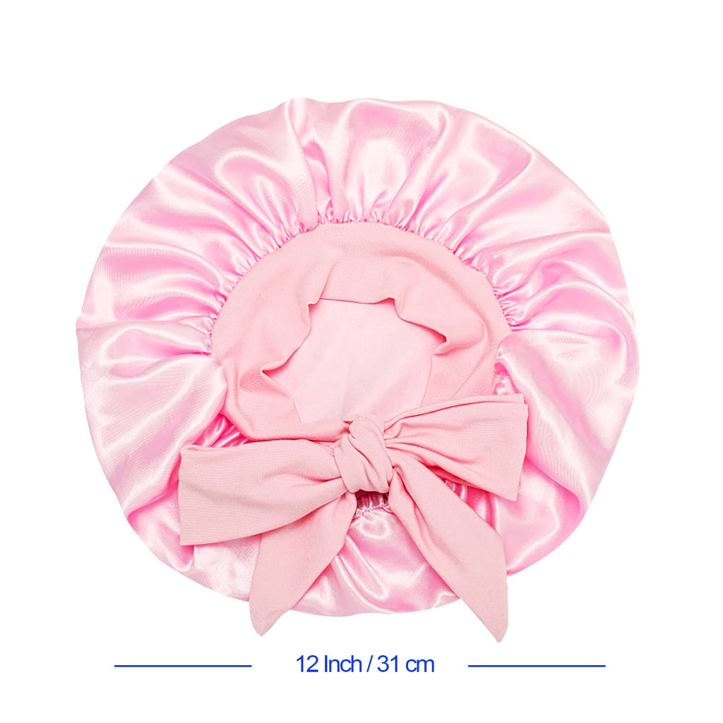 Isshin Beauty Satin Silk Bonnet for Kids – 2 Pack, Elastic Tie Band, No-Slip Fit (Black & Pink)