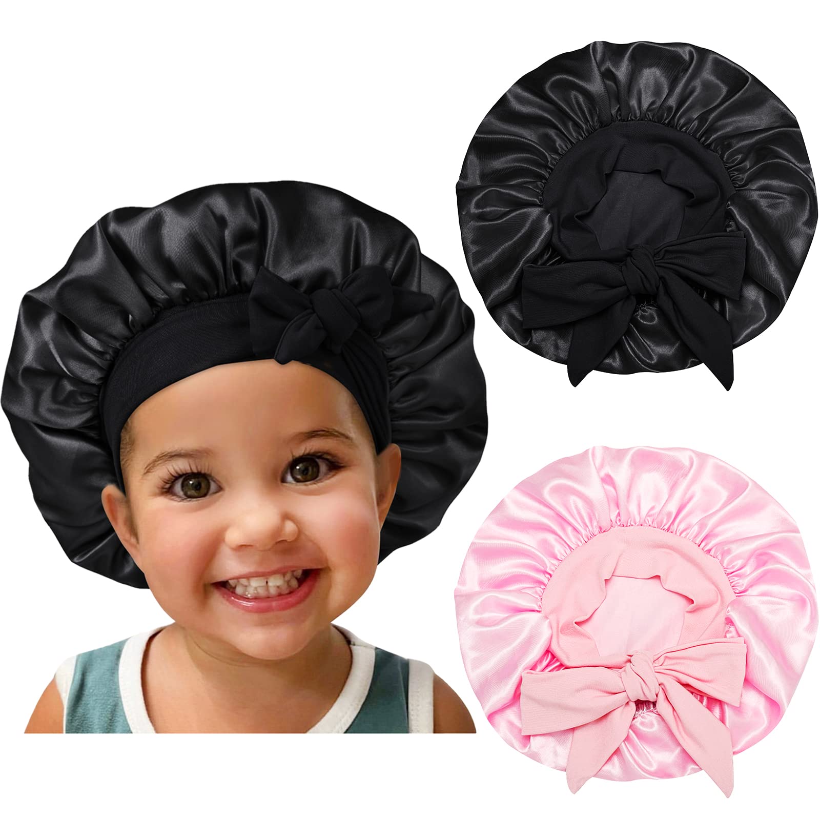 Isshin Beauty Satin Silk Bonnet for Kids – 2 Pack, Elastic Tie Band, No-Slip Fit (Black & Pink)