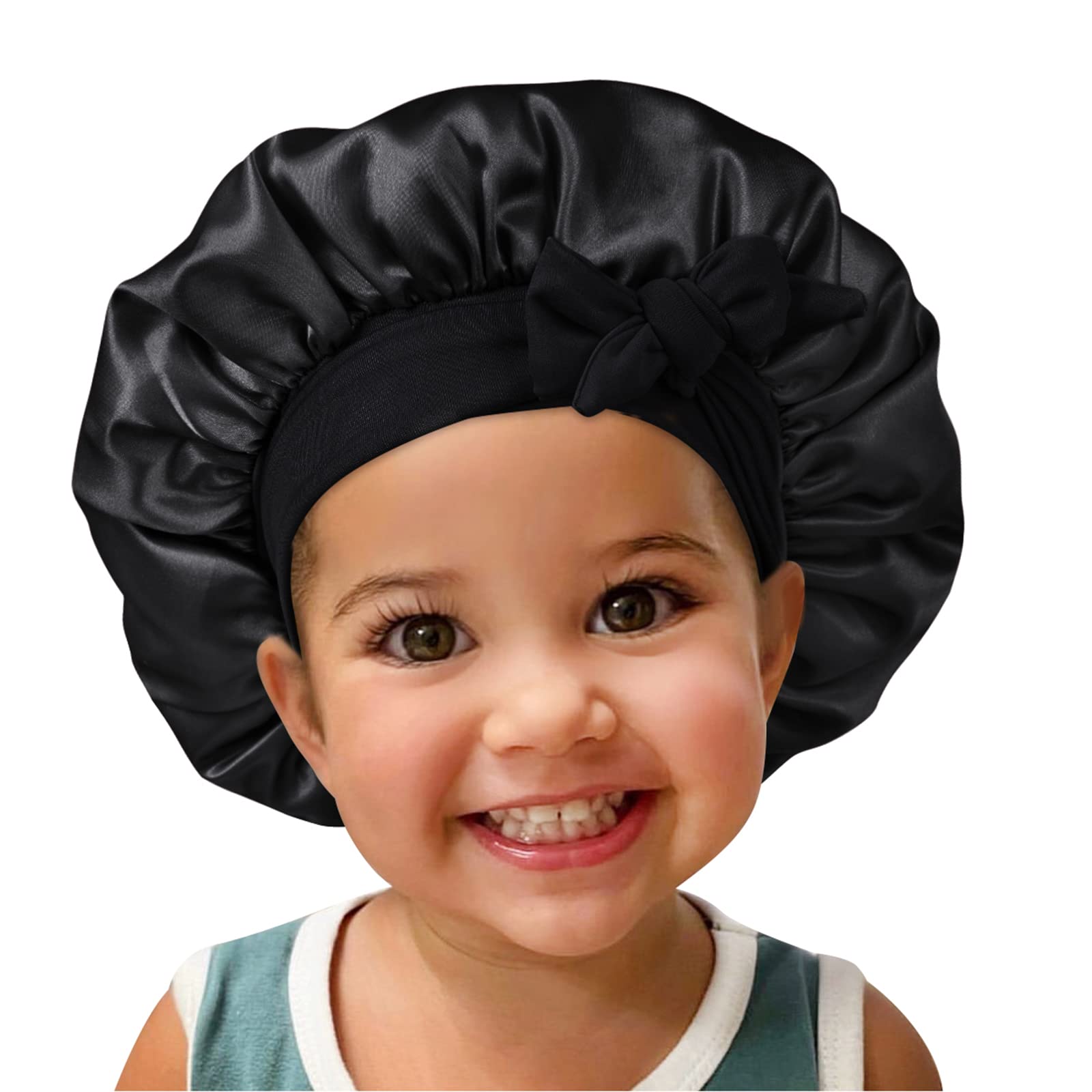 Isshin Beauty Satin Silk Bonnet for Kids – 2 Pack, Elastic Tie Band, No-Slip Fit (Black & Pink)