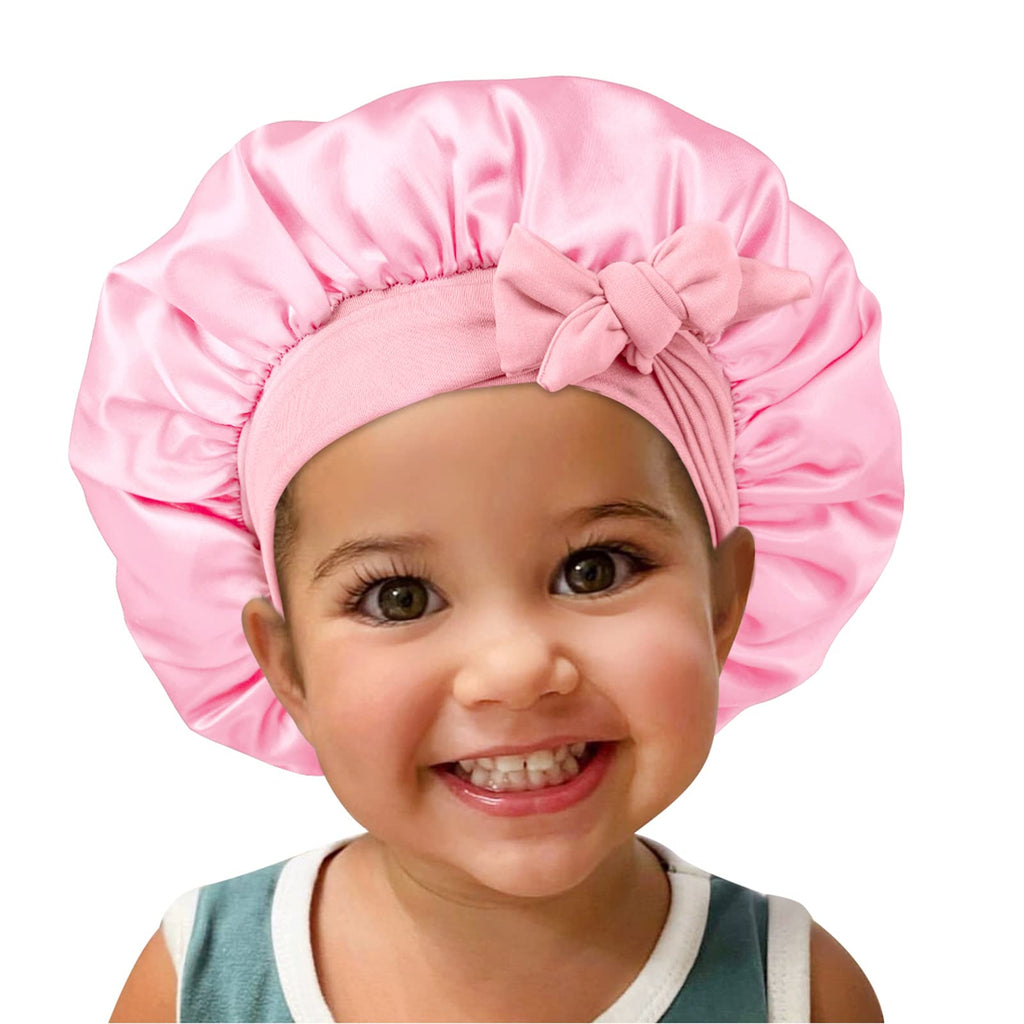 Isshin Beauty Satin Silk Bonnet for Kids – 2 Pack, Elastic Tie Band, No-Slip Fit (Black & Pink)
