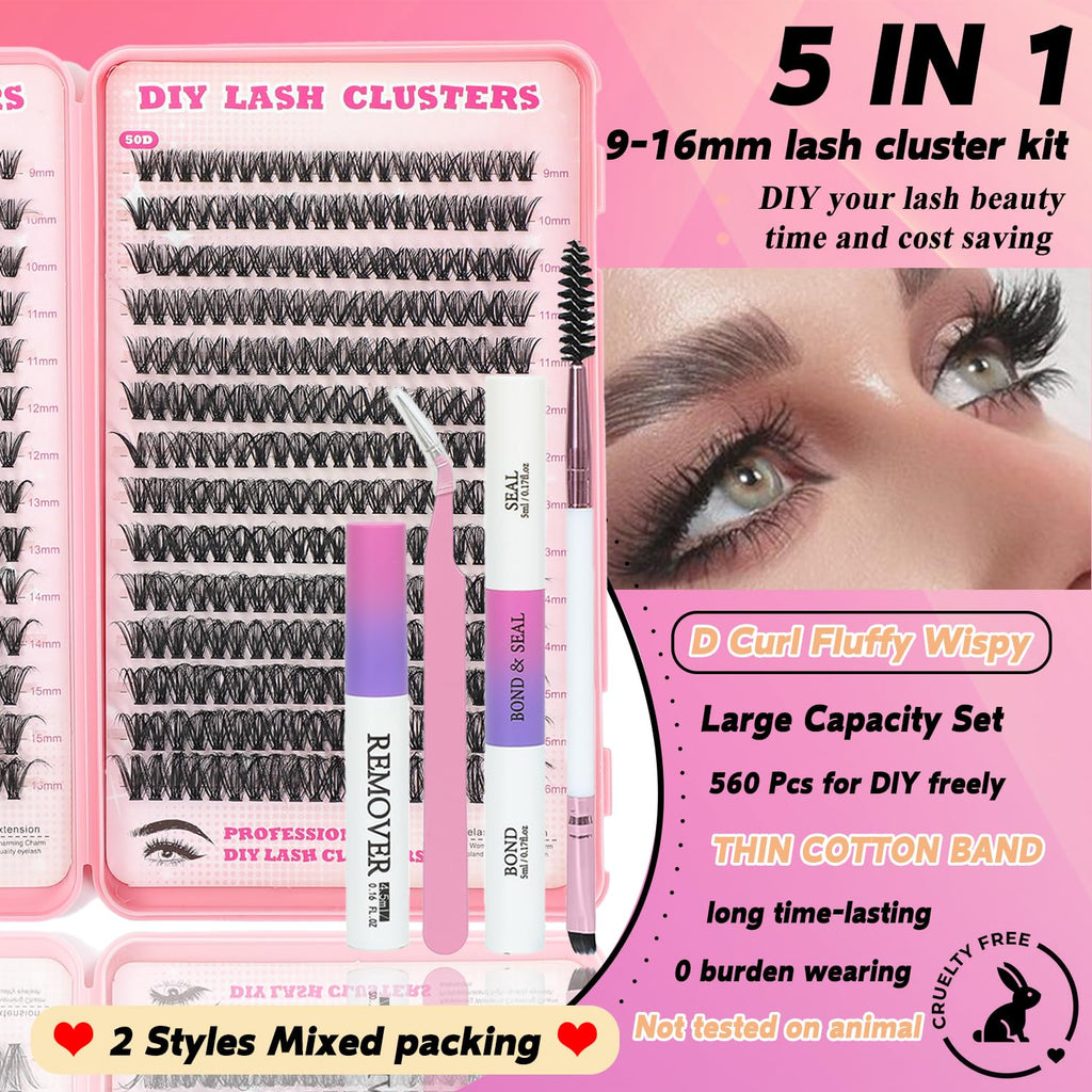 ISTGIFT Lash Clusters Kit | 560 Pcs 9-16mm D Curl Fluffy Wispy Extensions