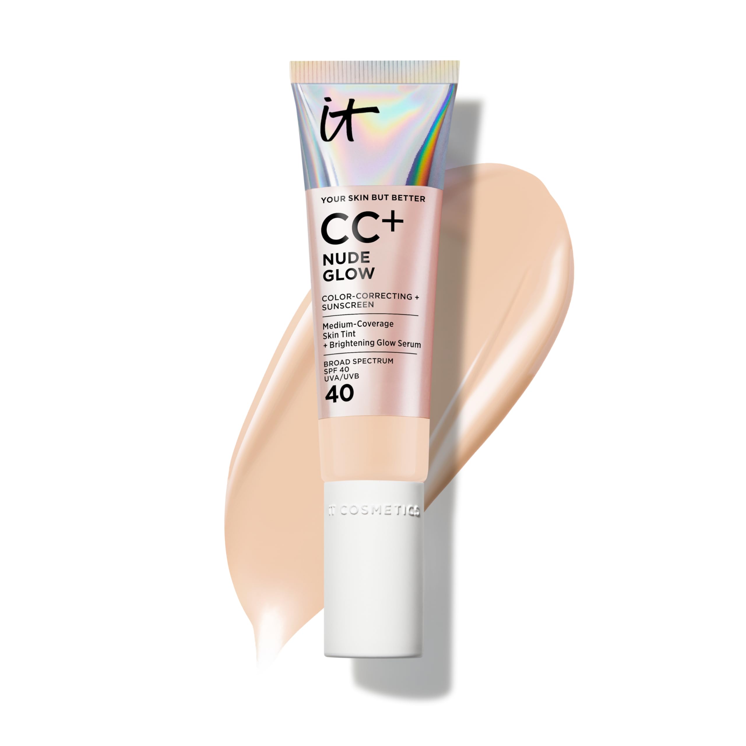 IT Cosmetics CC+ Nude Glow Foundation with SPF 40 | Light Neutral, Medium Coverage, 24H Hydration, Niacinamide + Hyaluronic Acid, 1.08 fl oz