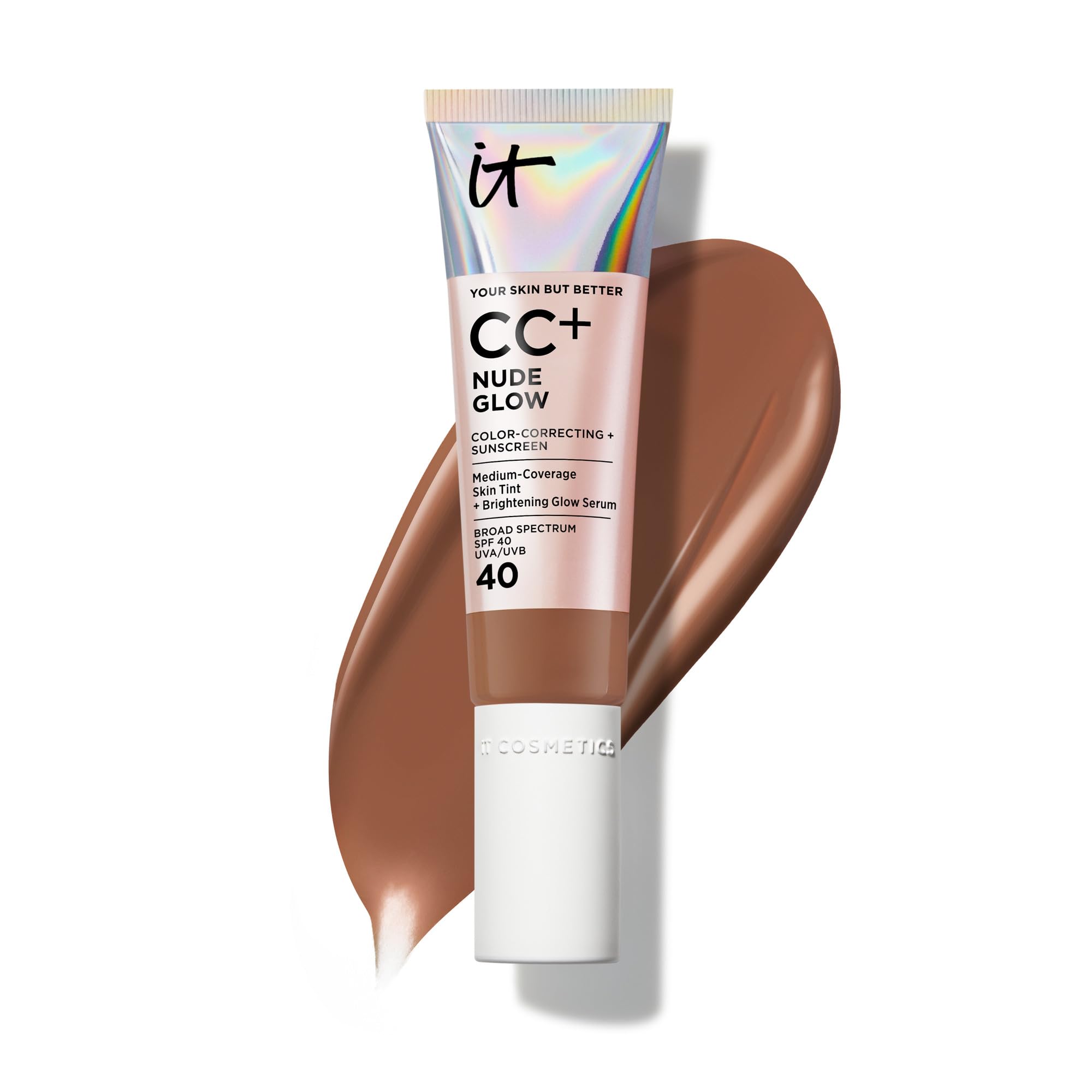 IT Cosmetics CC+ Nude Glow Deep Bronze – Medium Coverage Foundation with SPF 40 + Brightening Serum