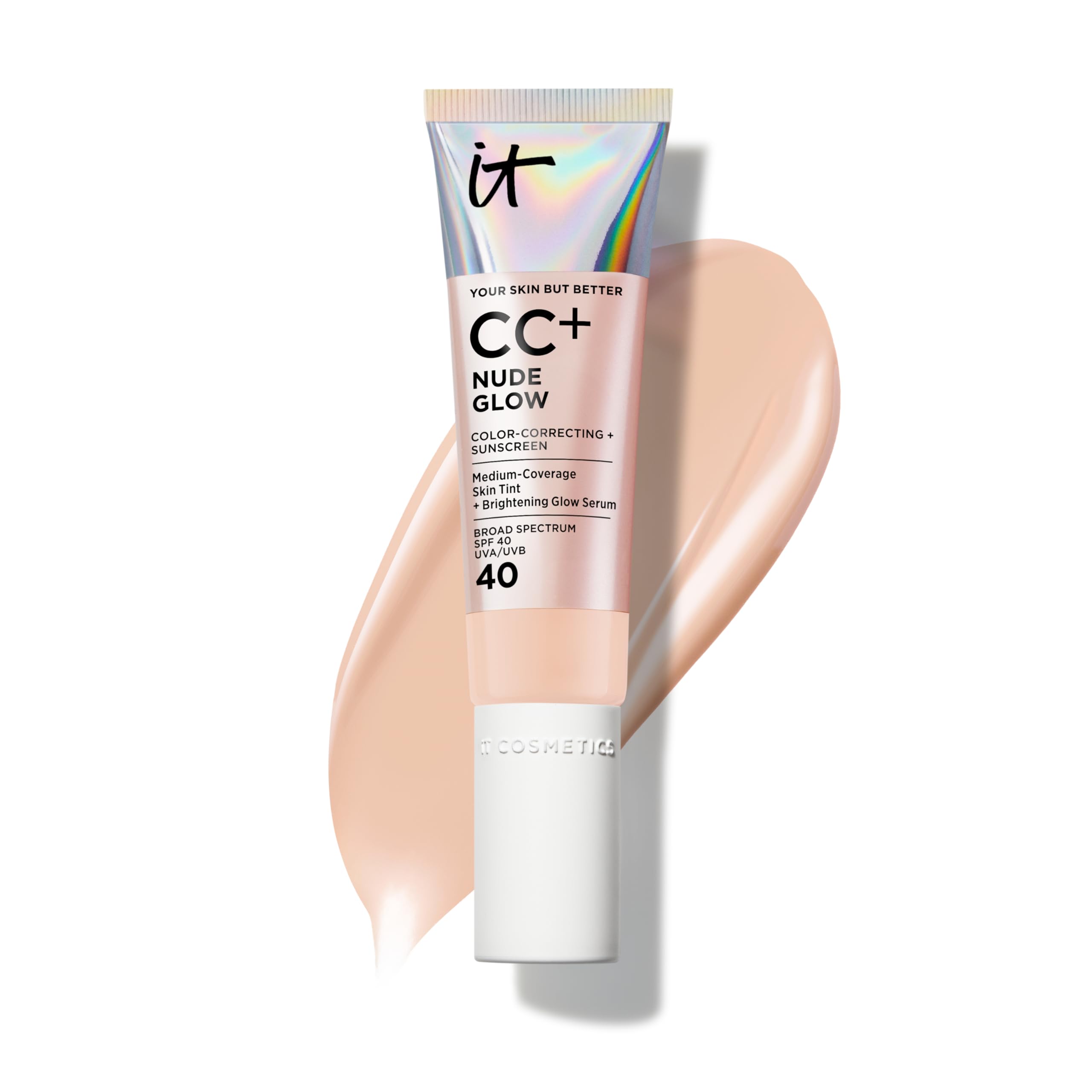 IT Cosmetics CC+ Nude Glow Light Cool – Medium Coverage Foundation with SPF 40, Brightening Glow Serum, 2% Niacinamide & Hyaluronic Acid | 1.08 fl oz