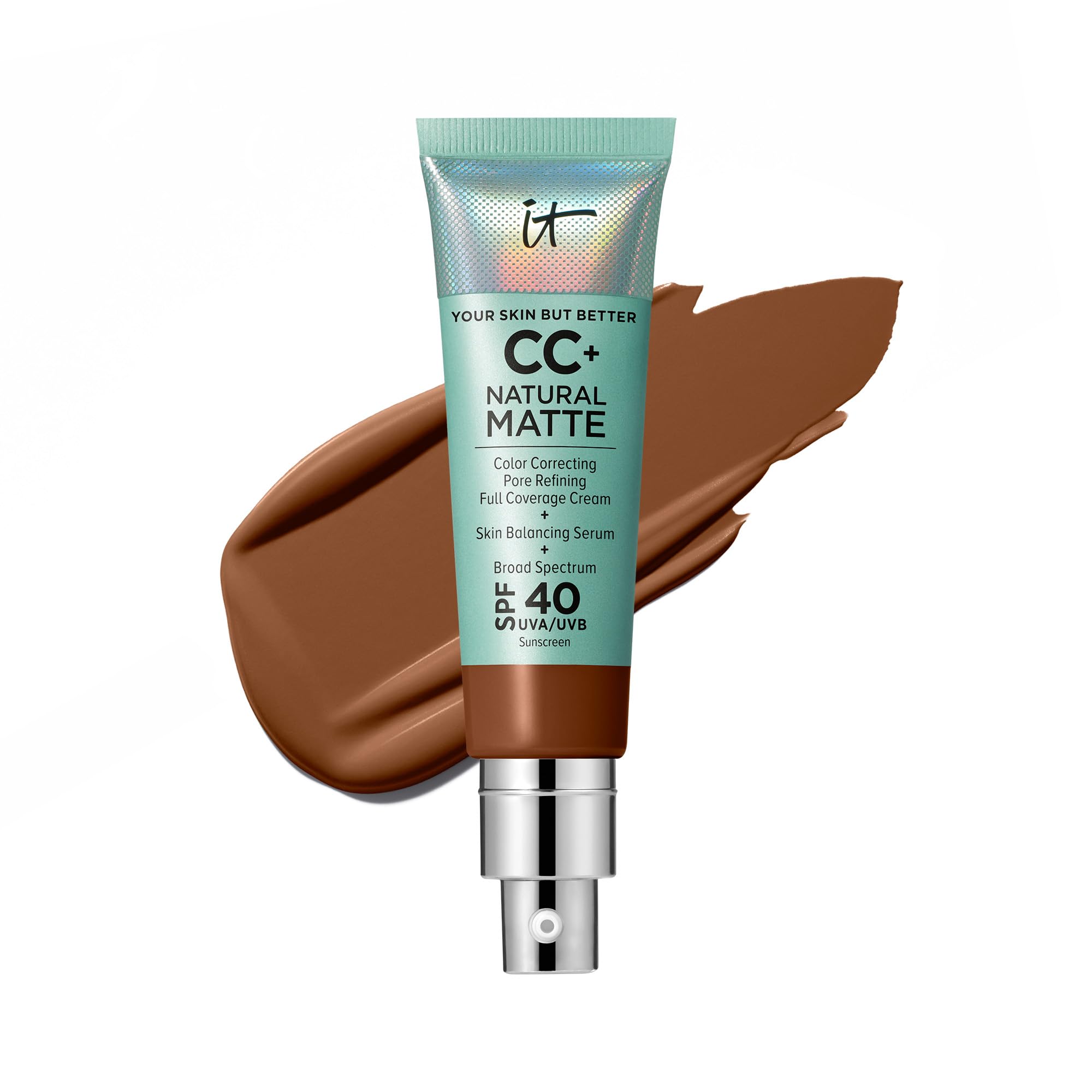 IT Cosmetics CC+ Cream Natural Matte Deep – Poreless Full Coverage Foundation SPF 40 | 16HR Shine Control