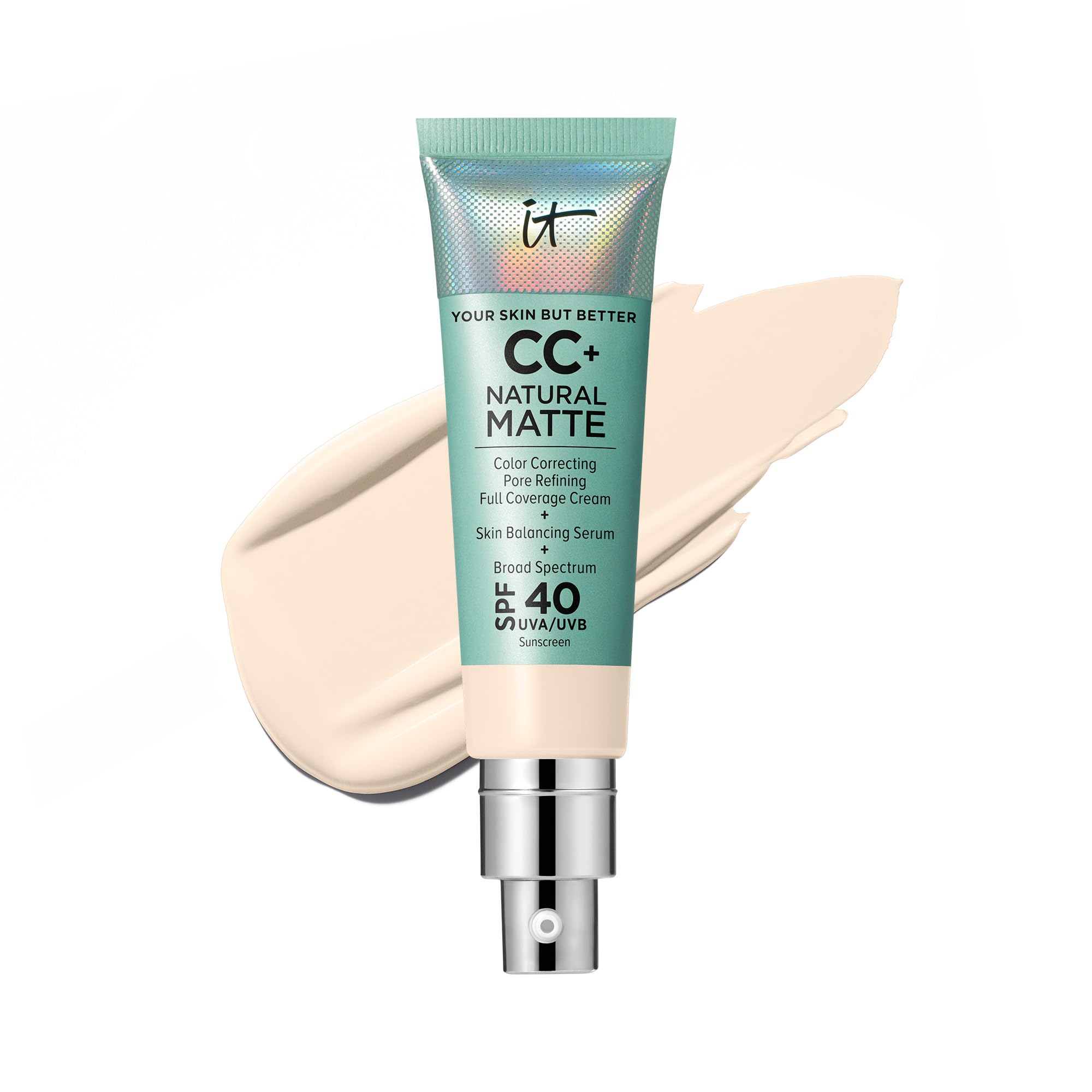 IT Cosmetics CC+ Cream Natural Matte (Fair Ivory) – SPF 40, 16HR Shine Control, Poreless Full Coverage Foundation