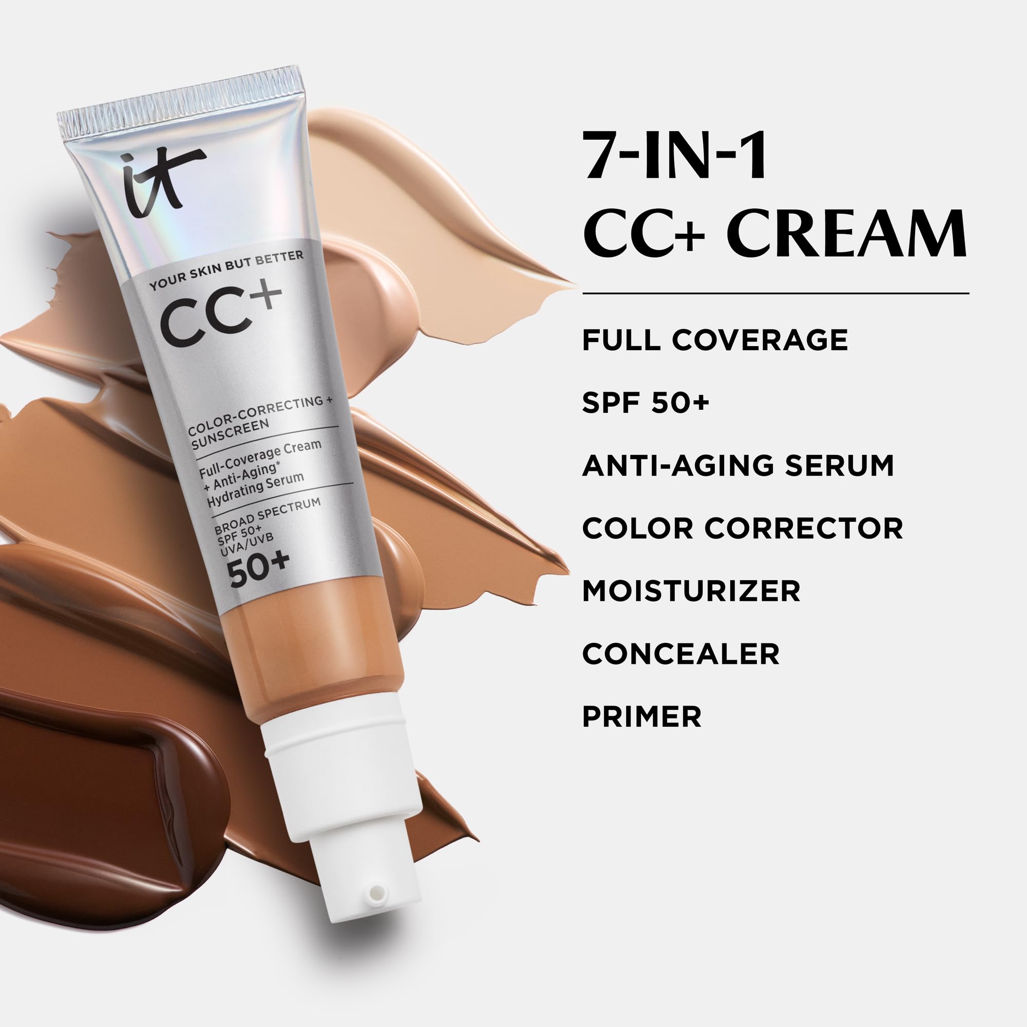 IT Cosmetics CC+ Cream Travel (Neutral Tan) – SPF 50+ Full Coverage Foundation + Hydration Serum, 0.4 fl oz