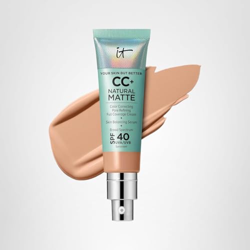 IT Cosmetics CC+ Cream Natural Matte (Medium Cool) – Poreless Full-Coverage Foundation with SPF 40