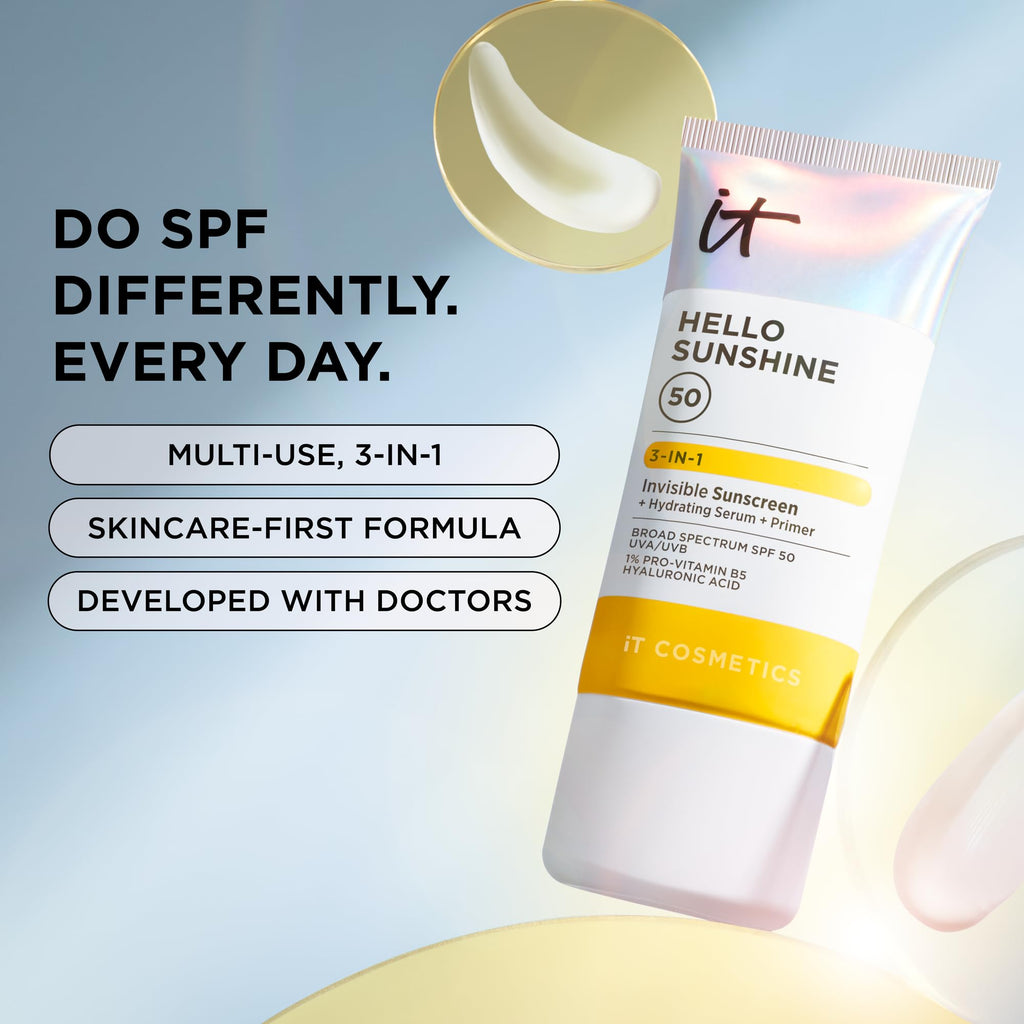 IT Cosmetics Hello Sunshine Invisible Sunscreen SPF 50 — 3-in-1 Hydrating Serum, Primer & Clear Face Sunscreen (2.7 fl oz)