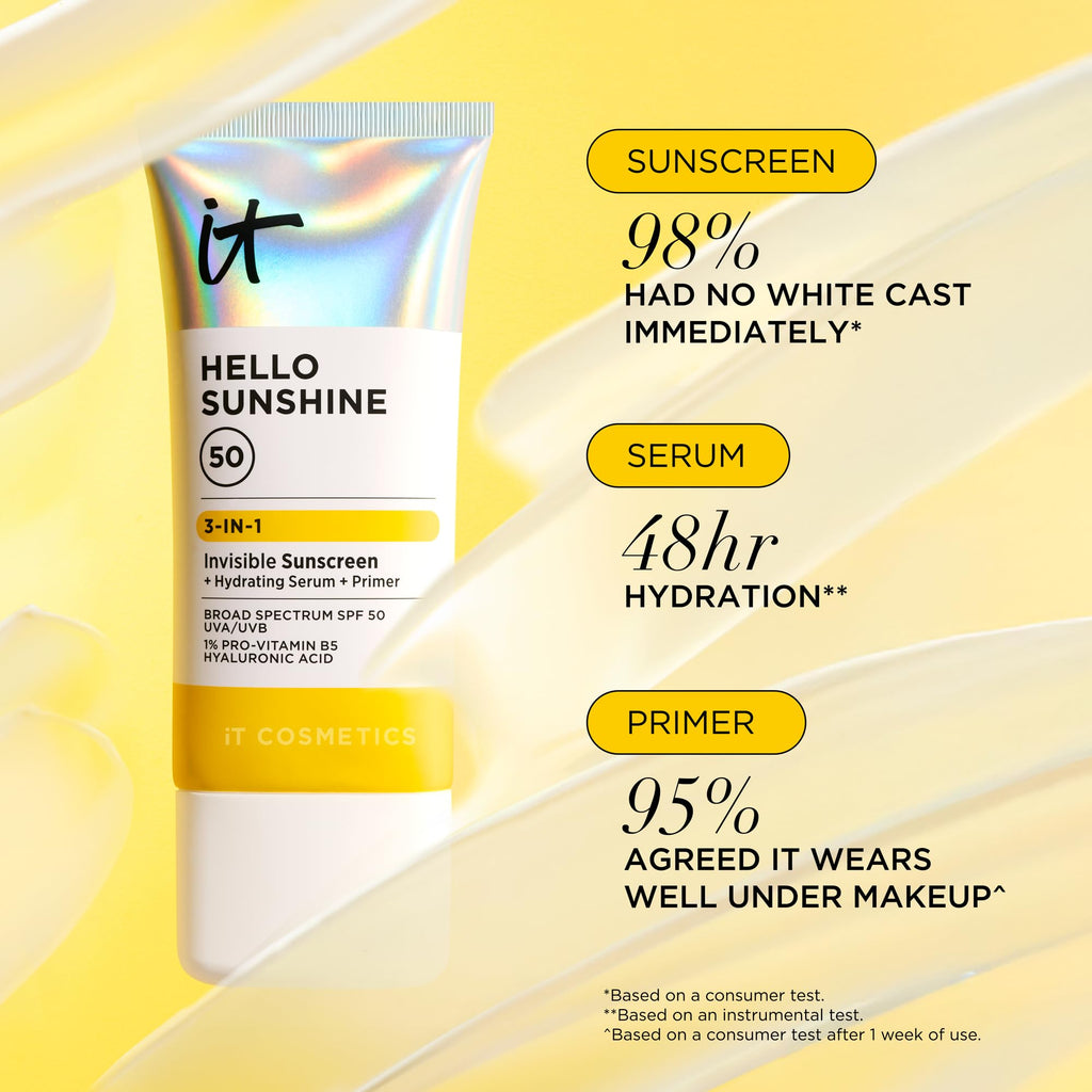 IT Cosmetics Hello Sunshine Invisible Sunscreen SPF 50 — 3-in-1 Hydrating Serum, Primer & Clear Face Sunscreen (2.7 fl oz)