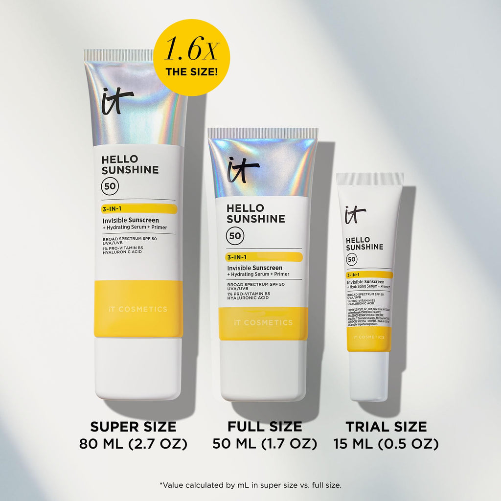 IT Cosmetics Hello Sunshine Invisible Sunscreen SPF 50 — 3-in-1 Hydrating Serum, Primer & Clear Face Sunscreen (2.7 fl oz)