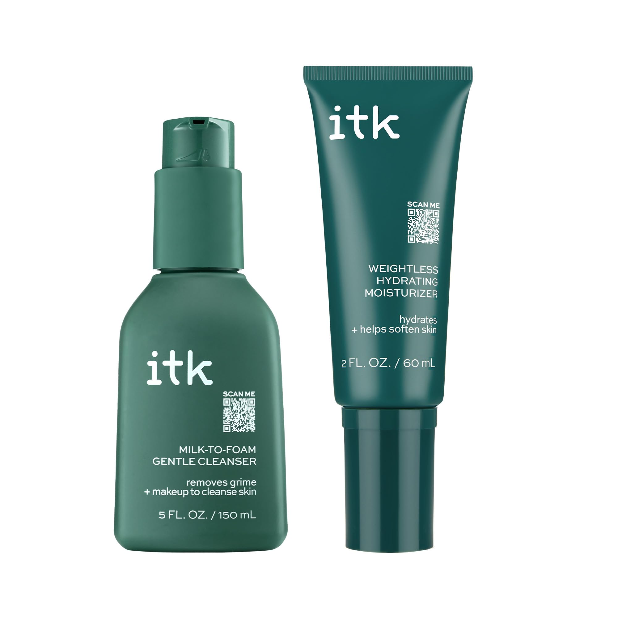 ITK Skincare 2-in-1 Milk-To-Foam Cleanser + Weightless Hydrating Moisturizer | Makeup Remover & Hydration Set