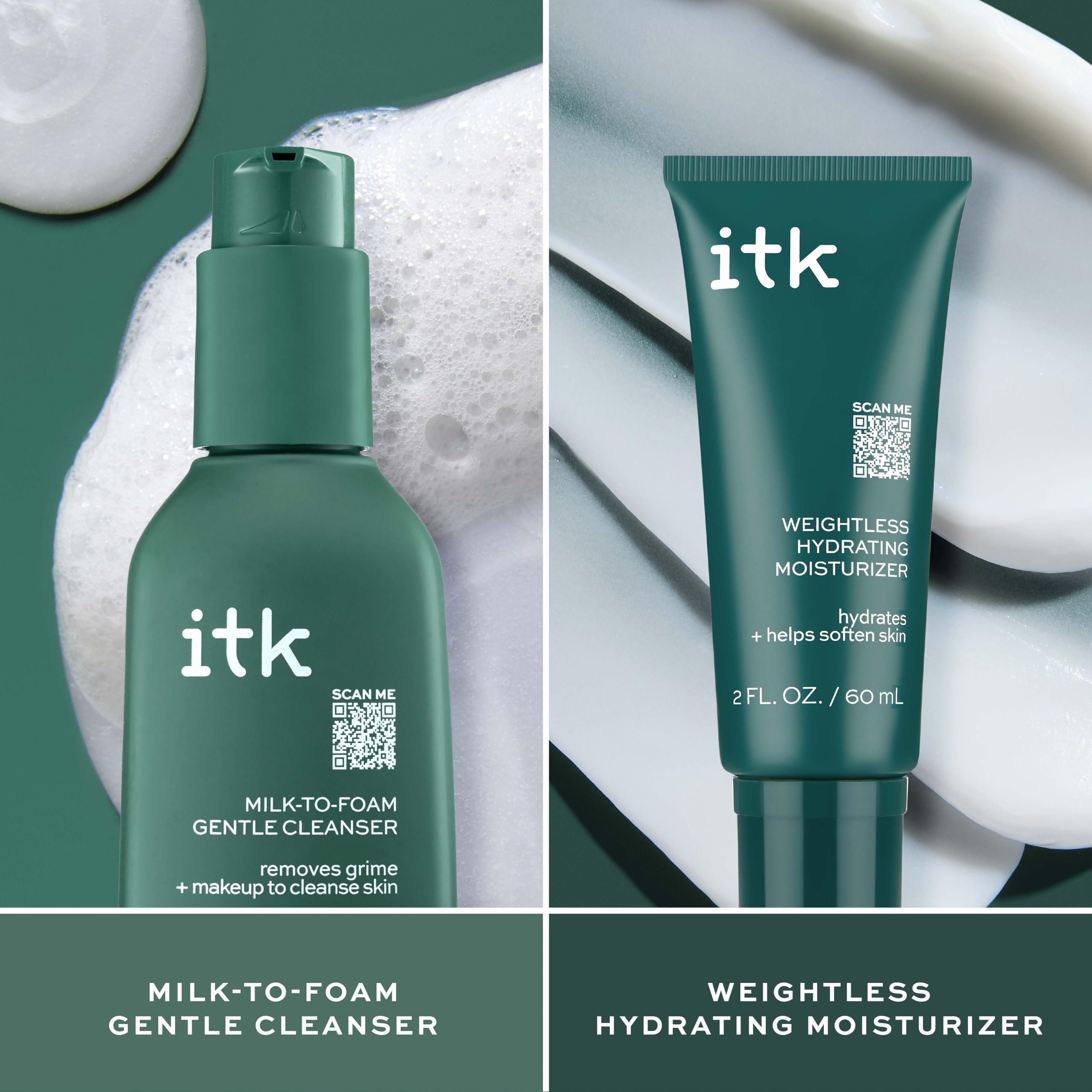 ITK Skincare 2-in-1 Milk-To-Foam Cleanser + Weightless Hydrating Moisturizer | Makeup Remover & Hydration Set
