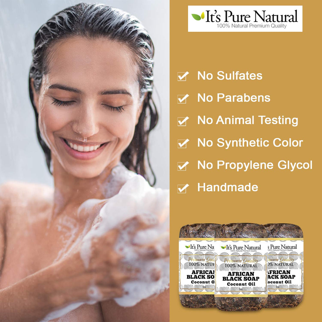 It's Pure Natural African Black Soap Bars with Coconut Oil – Pack of 3, Organic Raw Soap for Face & Body (Made in Ghana)