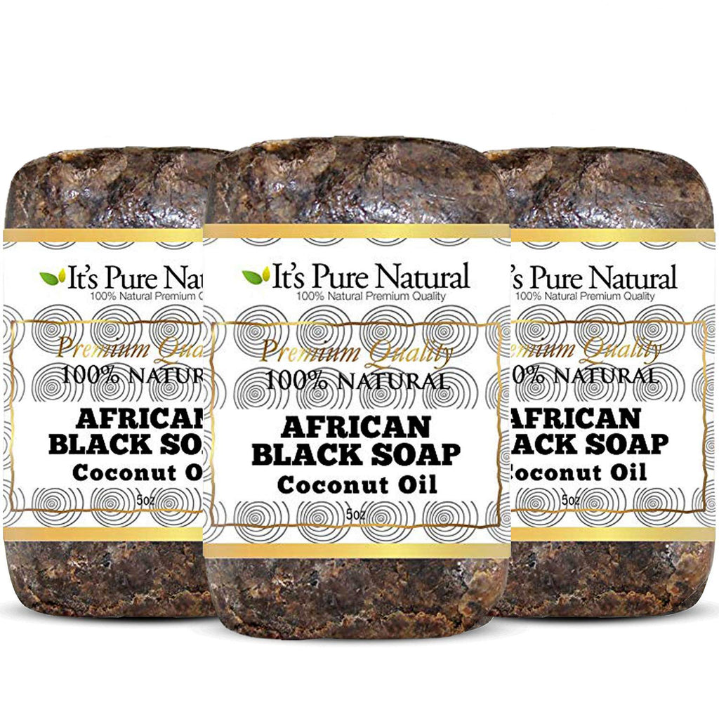 It's Pure Natural African Black Soap Bars with Coconut Oil – Pack of 3, Organic Raw Soap for Face & Body (Made in Ghana)