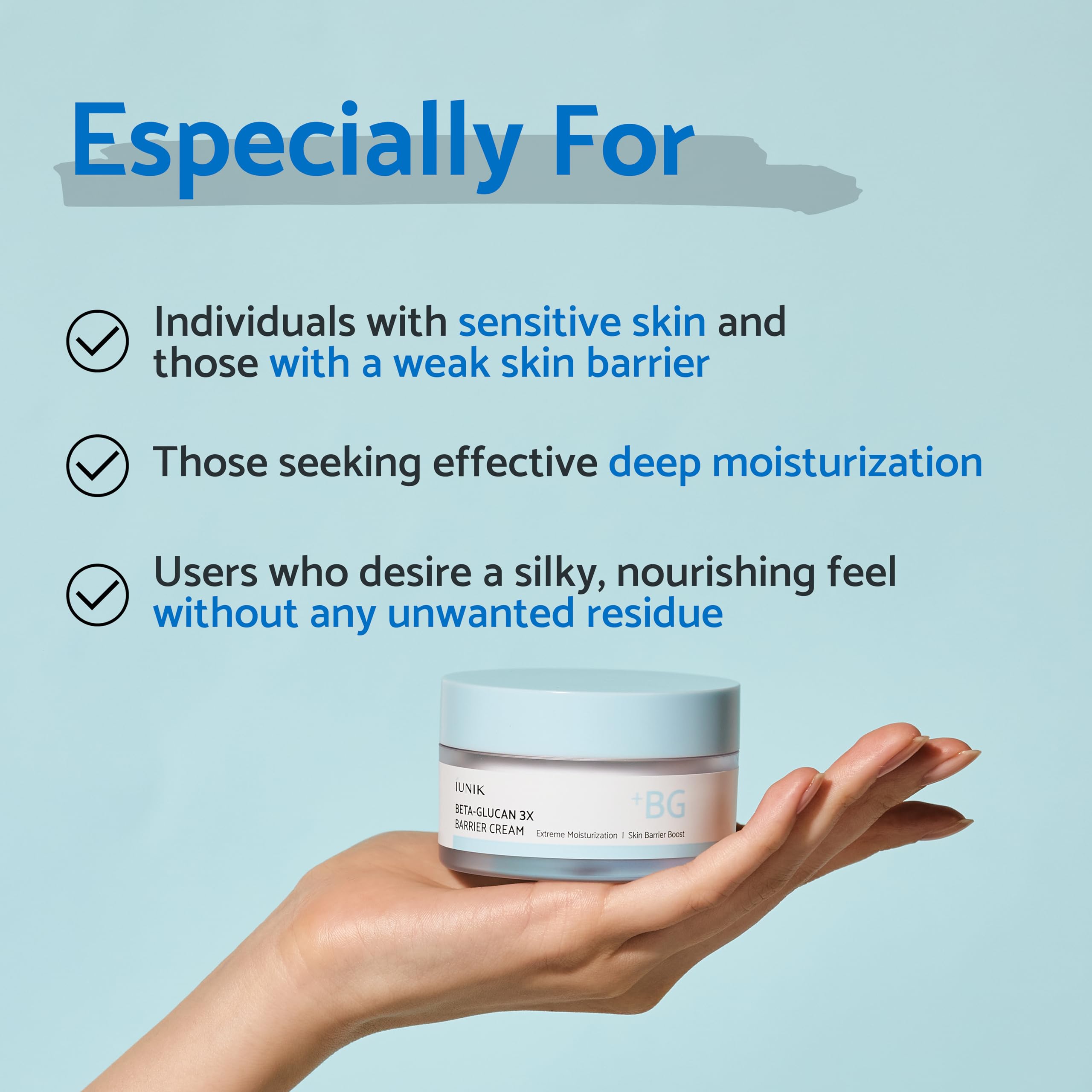 IUNIK Beta-Glucan Non-Sticky Deep Moisture Cream - 3x Barrier Day & Night Moisturizer for Sensitive Dry Skin