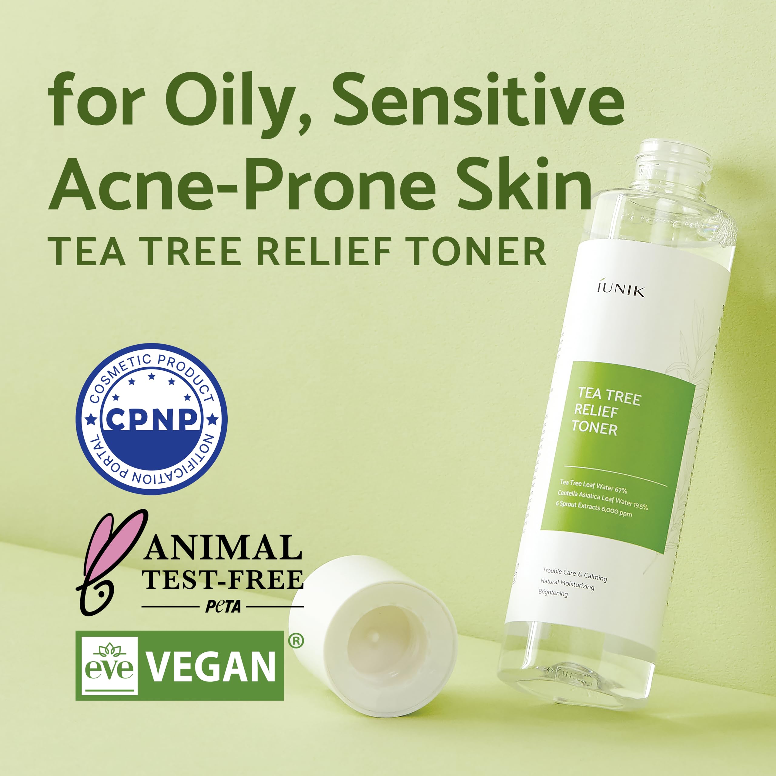 IUNIK Tea Tree Relief Toner – Vegan, Sensitive Skin, 67% Tea Tree Water + 19.5% Centella
