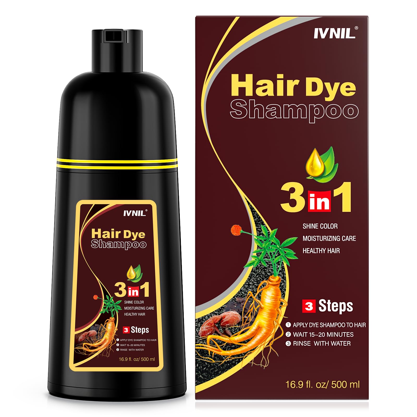 Ivnil Dark Brown Hair Dye Shampoo 3-in-1 for Gray Coverage | Quick Color for Women & Men