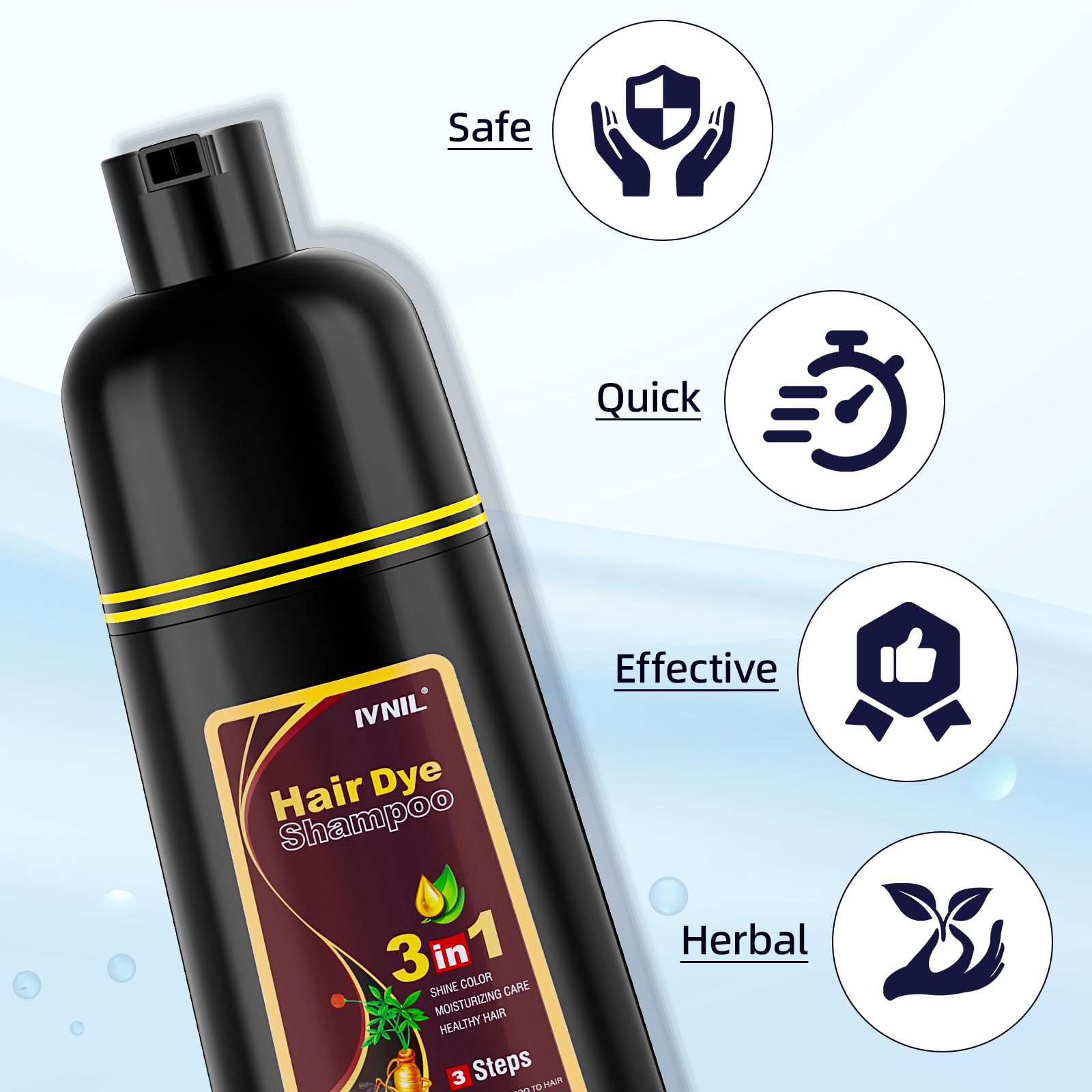 Ivnil Dark Brown Hair Dye Shampoo 3-in-1 for Gray Coverage | Quick Color for Women & Men