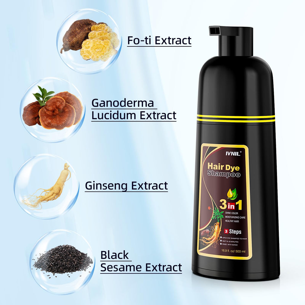 Ivnil Dark Brown Hair Dye Shampoo 3-in-1 for Gray Coverage | Quick Color for Women & Men