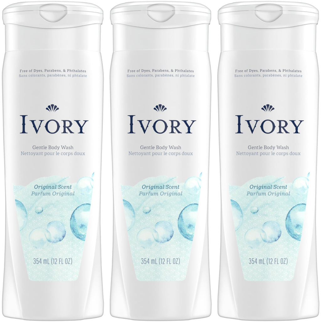 Ivory Body Wash Original – 12 oz (Pack of 3) | Dye-Free, Plant-Based Clean
